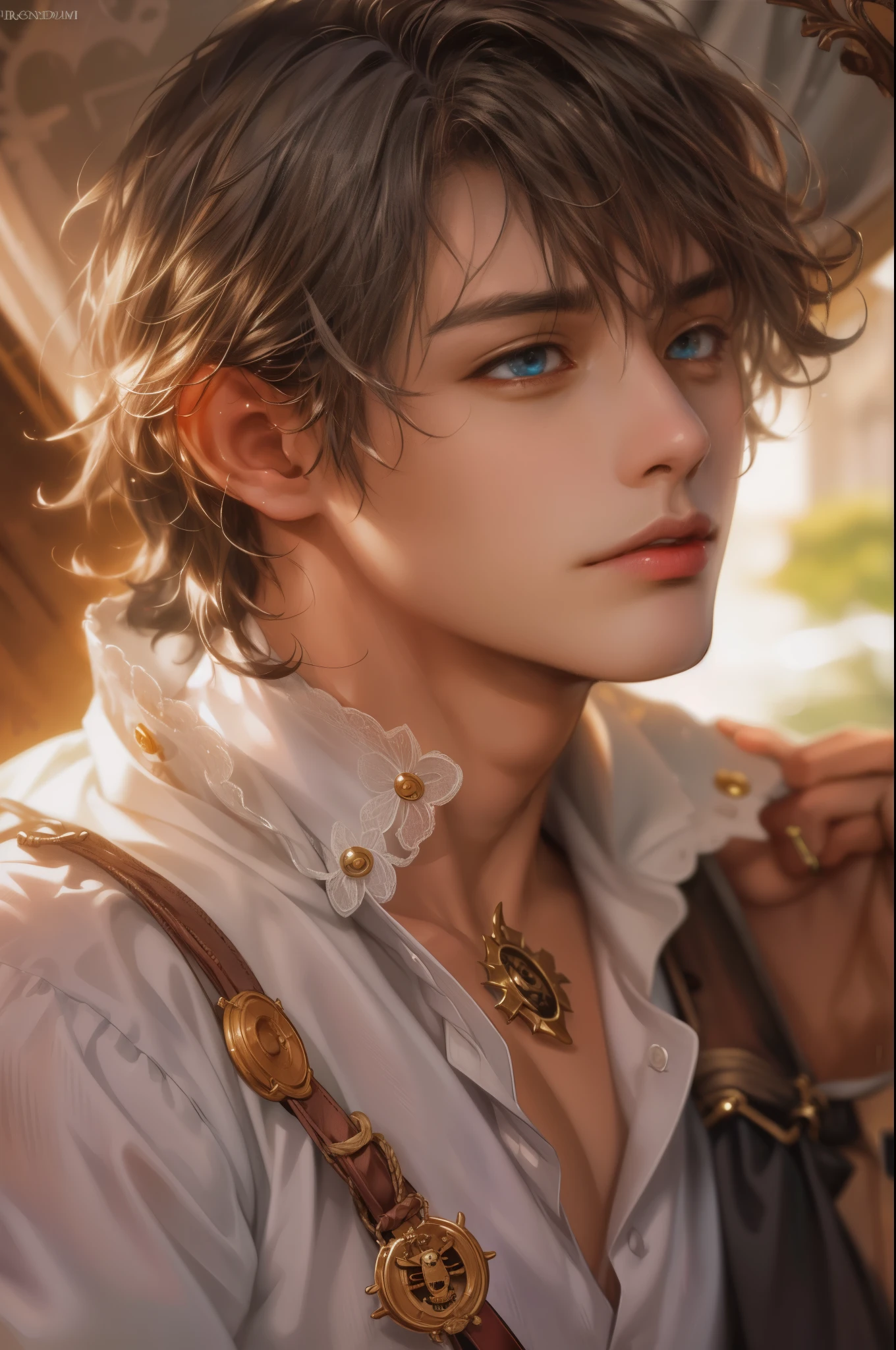 (absurdres, highres, ultra detailed, HDR), masterpiece, best quality, pirates of the Caribbean character, handsome young boy, short hair, korean handsome face, anime eyes, detailed interior, detailed character