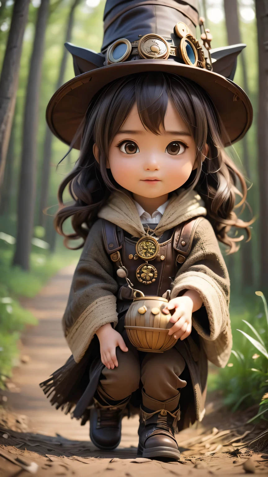 steampunkai。highest quality。masterpiece。detailed details。one girl。little cute girl。steampunk witch。witch hat。witch&#39;s clothes。long light brown fluffy hair。smile。carry a big broom。Running on the road。The background is a forest with bright light shining through.。
