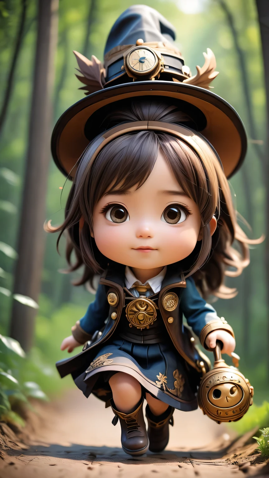 steampunkai。highest quality。masterpiece。detailed details。one girl。little cute girl。steampunk witch。witch hat。witch&#39;s clothes。long light brown fluffy hair。smile。carry a big broom。Running on the road。The background is a forest with bright light shining through.。
