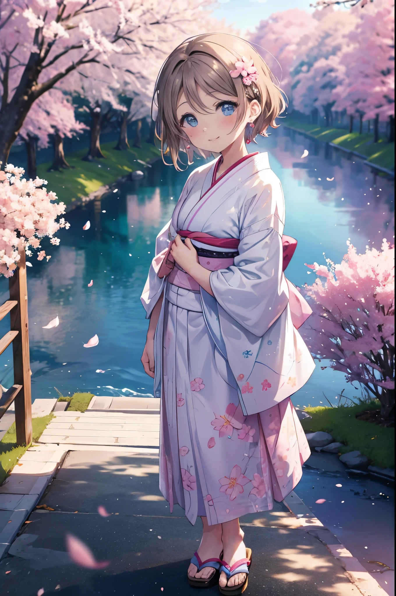 Mr. Watanabe,Mr. Watanabe,brown hair,short hair,blue eyes,blush,medium chest,smile,ship anchor earrings,light blue floral pattern yukata,Zori sandals,walking,Cherry blossoms are scattered,pink scenery, break outdoors, Cherry blossom tree-lined path, break (masterpiece:1.2), highest quality, High resolution, unity 8k wallpaper, (shape:0.8), highly detailed face, perfect lighting, Very detailed CG, (perfect hands, perfect anatomy),