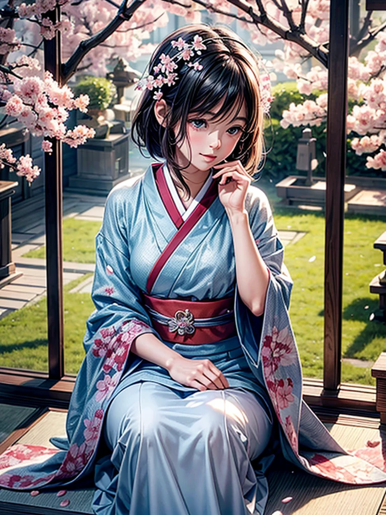 (best quality,4k,highres,masterpiece:1.2),ultra-detailed,realistic,photorealistic:1.37,portrait,soft pastel colors,warm lighting,japanese traditional clothes,falling cherry blossom petals,subtle wind movement,serene expression,delicate cherry blossom petals on the ground,pink and white color palette,traditional japanese garden,ethereal atmosphere,subtle hint of sunlight filtering through the branches,serene and calm ambiance,gentle and graceful pose,peaceful and tranquil setting,whispering sound of the wind passing through the leaves,natural and organic composition,subtle strokes of brushwork,sakura branches weaving together to form a canopy of blooms,gleaming and glossy cherry blossom petals,rich and luscious foliage,natural and authentic textures,vivid and vibrant colors,soft and dreamy atmosphere.