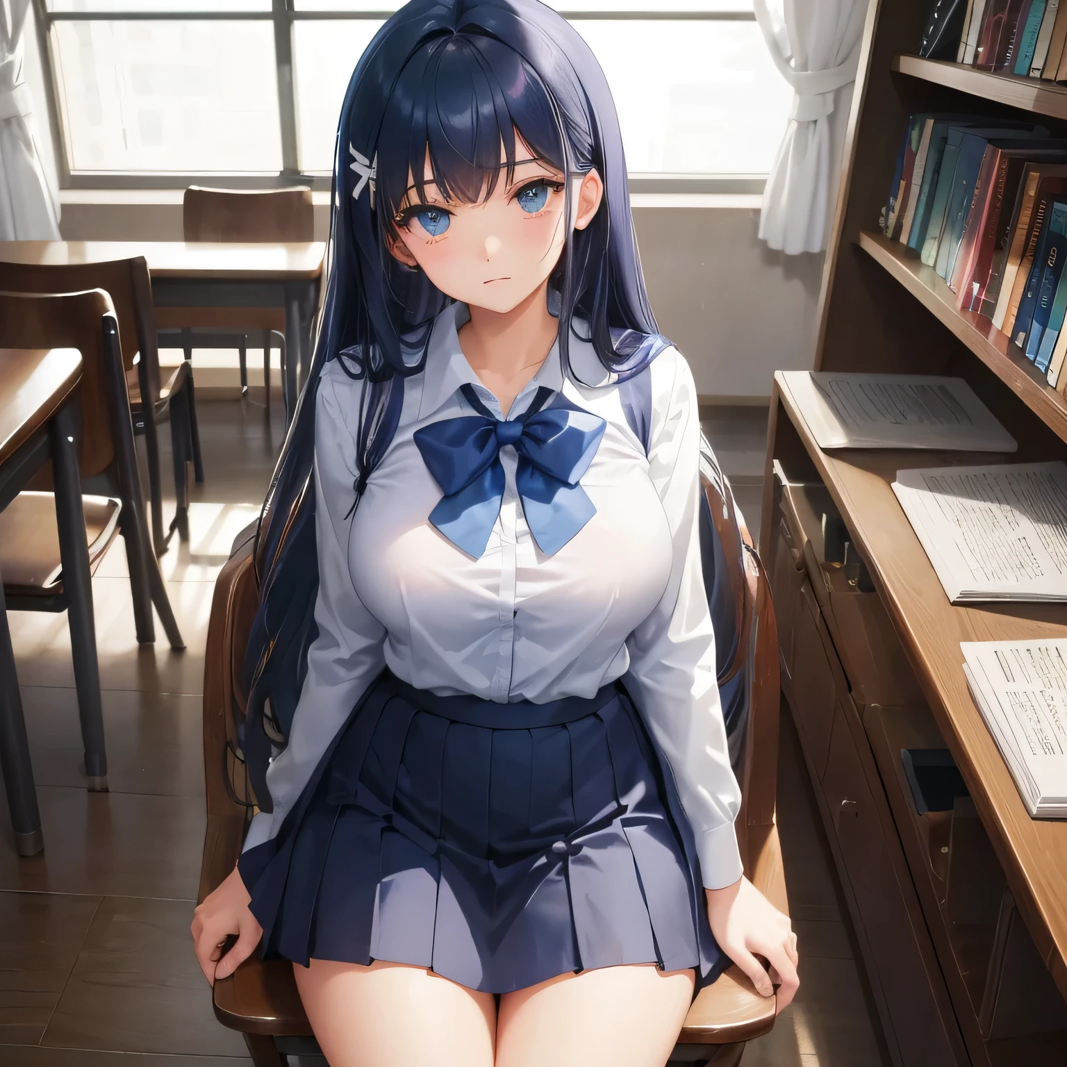 masterpiece, best quality, one girl, blue eyes, wearing sexy open school clothes, big breasts , long pink hairs, sitting on the table at school