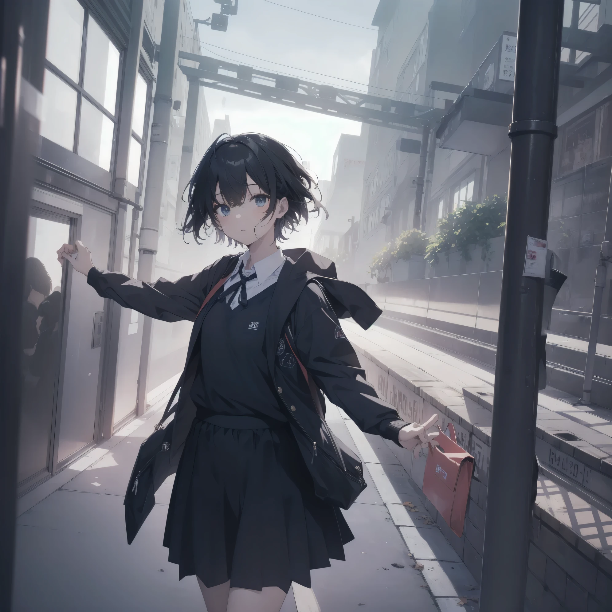 Super absurd quality by the god of art, super detailed, High resolution, anime moe art style, Best Anime 8K Kona-chan Wallpaper, pixiv contest winner, perfect anatomy, break,(眠そうにalone学校へ行く女の子を描いてください. )break,1 girl, (alone,little woman, baby face, 13 years old:1.3),All limbs, full finger,, The charm of an immature body, (very short hair), bangs, flat chest, Small Bodysuits, small ass, between legs, small black eyes, detailed and beautiful eyes, Well-proportioned iris and pupils, expressive eyes, sleepy eyes, High resolutionの詳細な髪, ribbon, neck ribbon, skirt, collared shirt, pleated skirt, school uniform, school bag,(detailed lighting), (detailed background), On the way to school. break,super dense skin, The best everyday lighting by famous artists, 8k,cute illustration,photoshop_(Moderate),Absurd Hi-Res,Hmm,rough skin