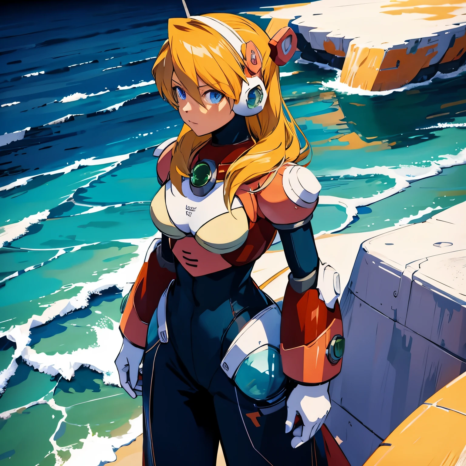 alia_megamanx, 1girl, solo, breasts, blue eyes, blonde hair, android, long hair, robot ears, overlooking the ocean on the edge of a rock, in the style of avian-themed, realistic yet stylized, villagecore, azure, orange and azure, dragoncore, aerial view