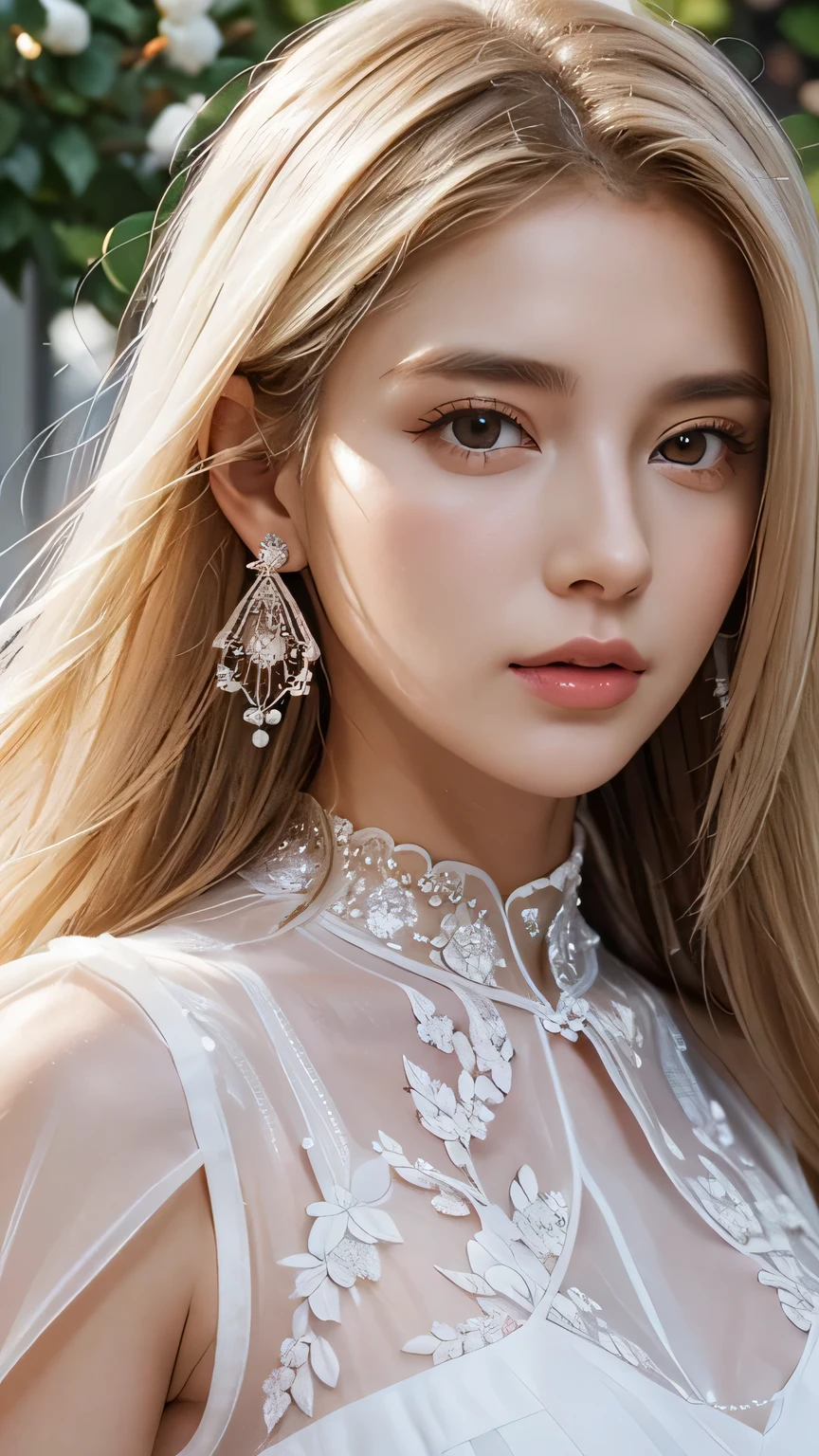 Blonde long-haired woman, black eye, royalty, white see-through dress, red jewelry, red earrings, moon, Noble, lady, high quality, very detailed, detailed face, masterpiece, city, garden, flowers, light,(((white see-through dress)))、(((upper body portrait)))
