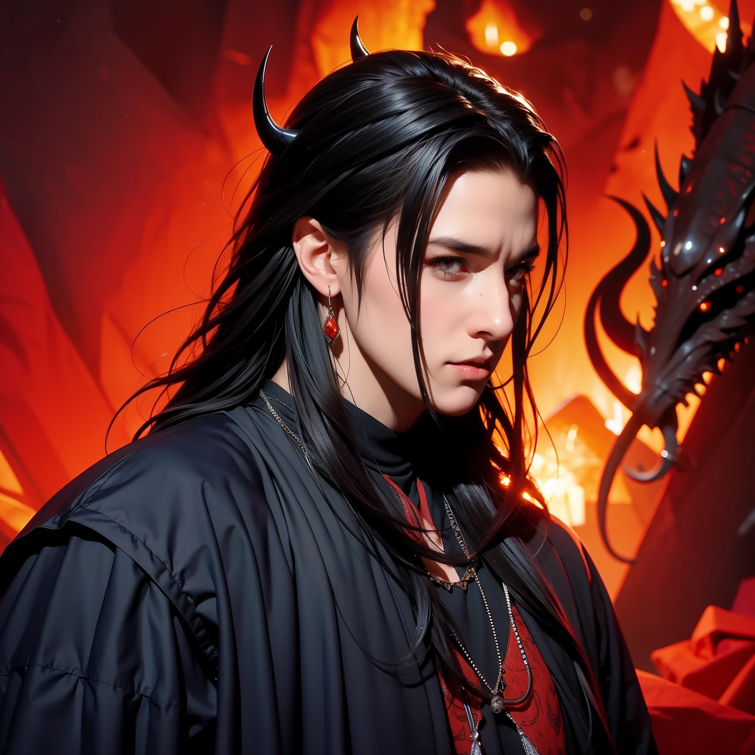Dragon Man, black cuernos, cabello rojo, fondo medieval, ojos naranjas, pair of black cuernos, un hombre, cuernos