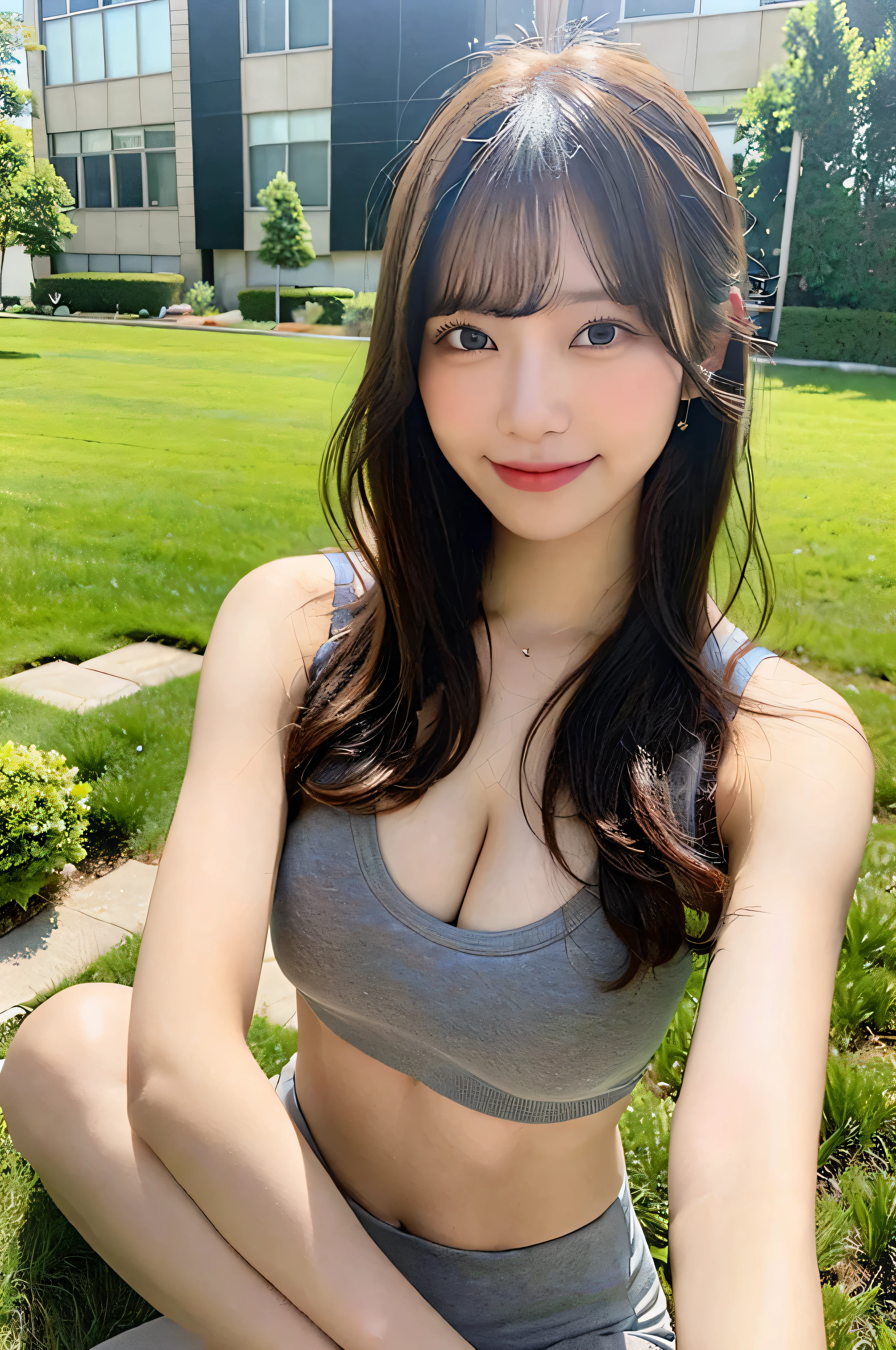 (masterpiece: 1.3), (8k, realistic, Frank, highest quality: 1.4), Japanese high school girl, (random hairstyle: 1.2), cleavage, (: 1.3), super detailed face, fine eyes, double eyelid, sharp focus: 1.2, Beautiful woman: 1.4, light brown hair, highest quality, masterpiece, ultra high resolution, (realistic: 1.4), natural soft light, show your shoulders, thin, smile, ((outside the house, in the middle of a vast grassland)), yoga floor seat, (maroon yoga wear), ((Beautiful Yoga Poses)), ((thin, long legs)), (often play sports).