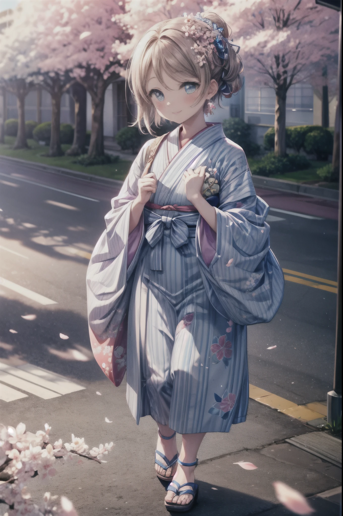 Mr. Watanabe,Mr. Watanabe,brown hair,short hair,blue eyes,blush,medium chest,smile,ship anchor earrings,light blue floral pattern yukata,Zori sandals,walking,Cherry blossoms are scattered,pink scenery, break outdoors, Cherry blossom tree-lined path, break (masterpiece:1.2), highest quality, High resolution, unity 8k wallpaper, (shape:0.8), highly detailed face, perfect lighting, Very detailed CG, (perfect hands, perfect anatomy),