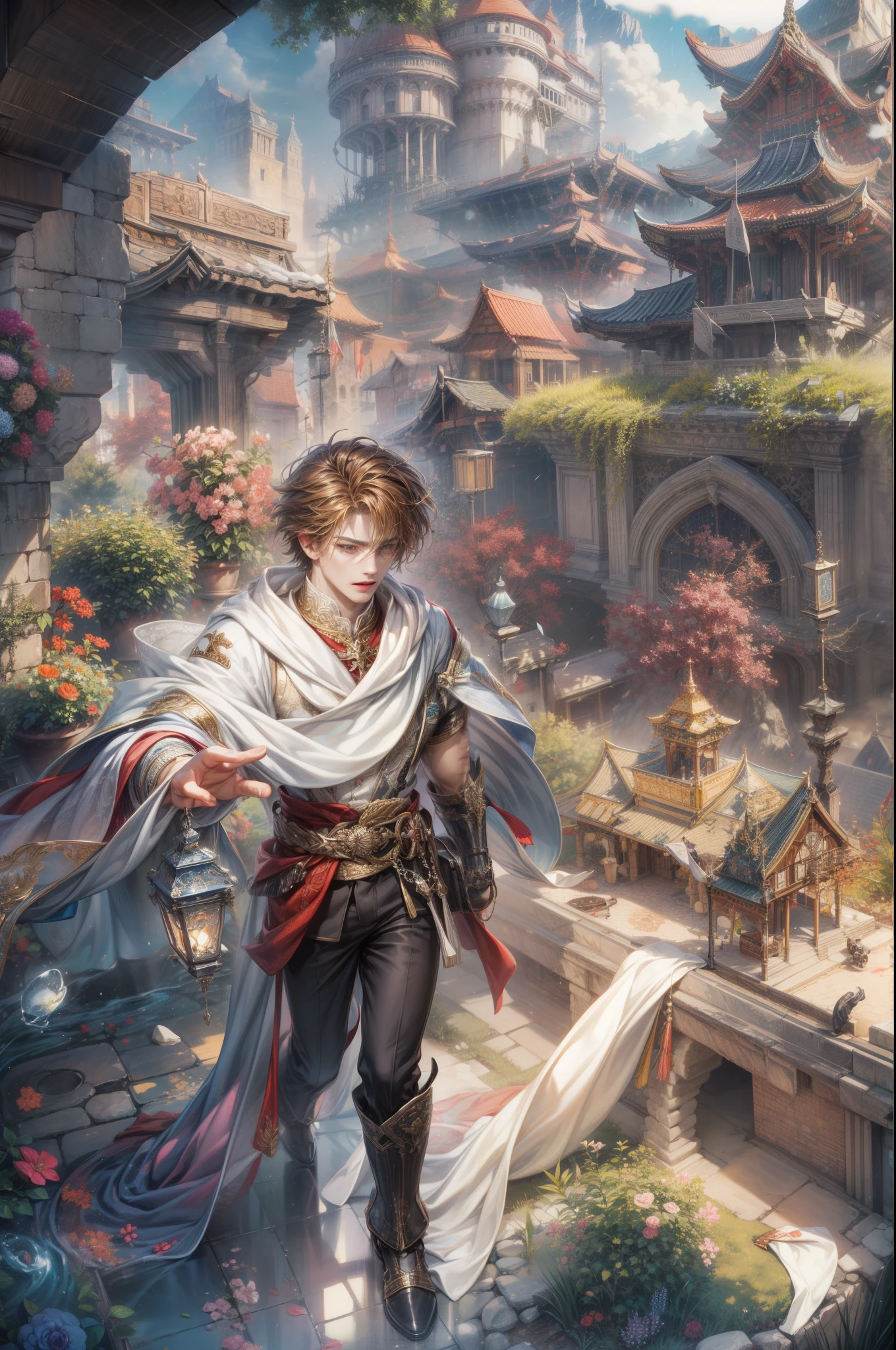(absurdres, highres, ultra detailed, HDR), masterpiece, Intricate details,best quality picture of a character from Final Fantasy Brave, manly face handsome teen boy with short Hair anime eyes, intricate details on face, brave look, in a detailed outside paradise sanctuary scenery, detailed character, art kenouji