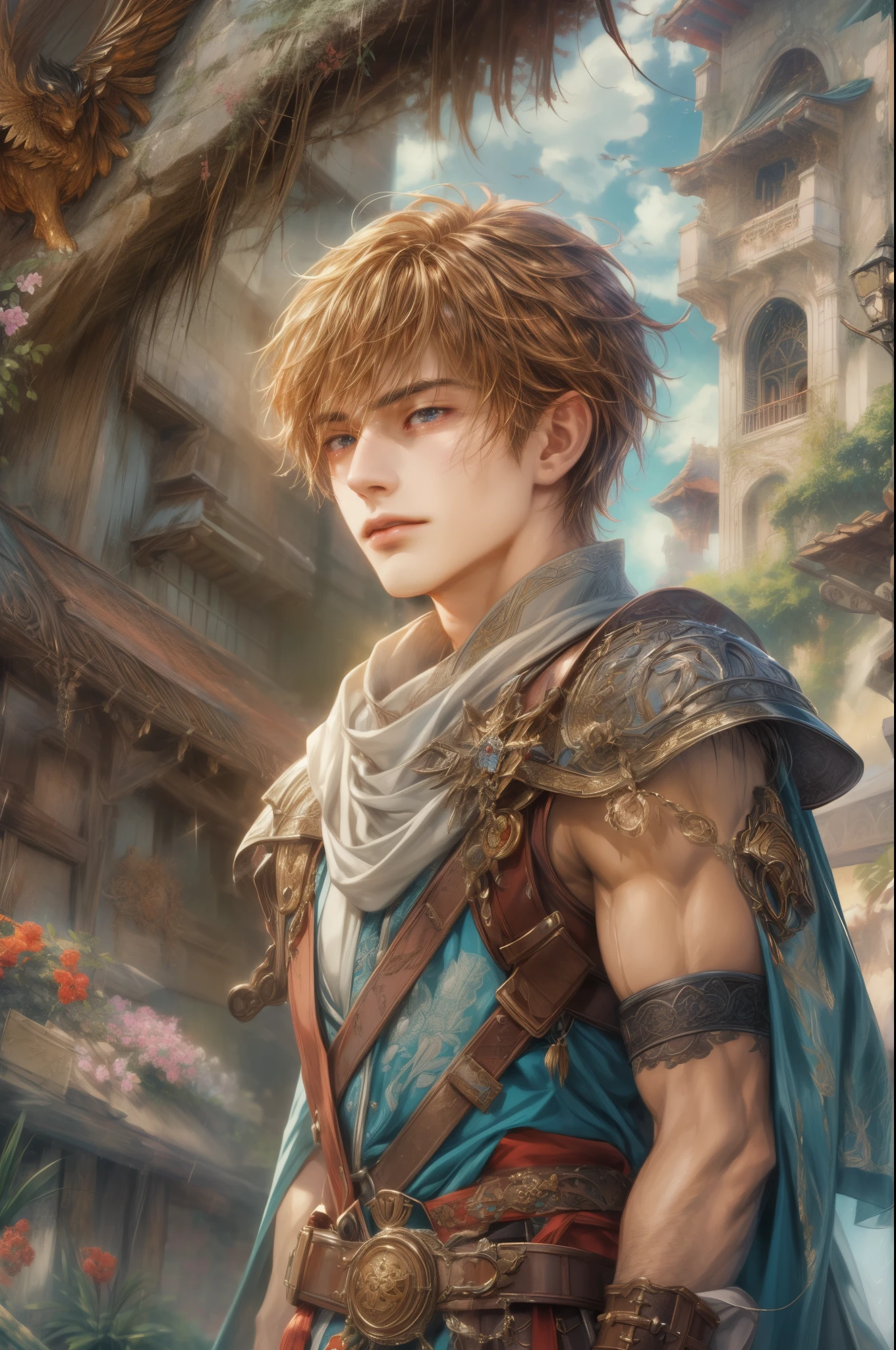 (absurdres, highres, ultra detailed, HDR), masterpiece, Intricate details,best quality picture of a character from Final Fantasy Brave, manly face handsome boy with short Hair anime eyes, intricate details on face, brave look, in a detailed outside paradise sanctuary scenery, detailed character, art kenouji