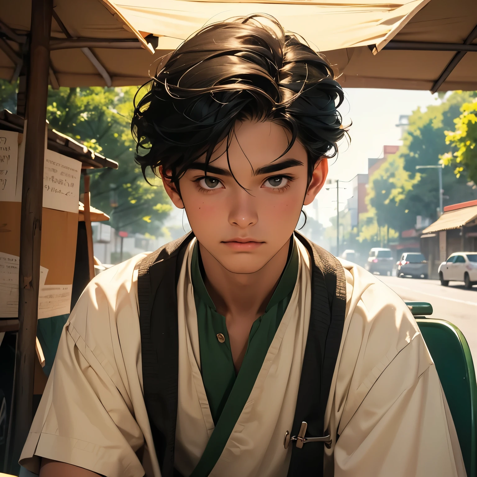 (best quality,highres:1.2),ultra-detailed,(realistic:1.37)
The boy about 21 years old, looking full of confidence, nervous, restless, no smile, black hair with a mullet hairstyle, wearing traditional green clothes, sitting on a chair inside of a roadside stall, traditional vibes,portraits,traditional green outfit,proud expression,detailed hairstyle,masterpiece:1.2,colored light,warm color tone,one light source,vivid colors,background with pattern
