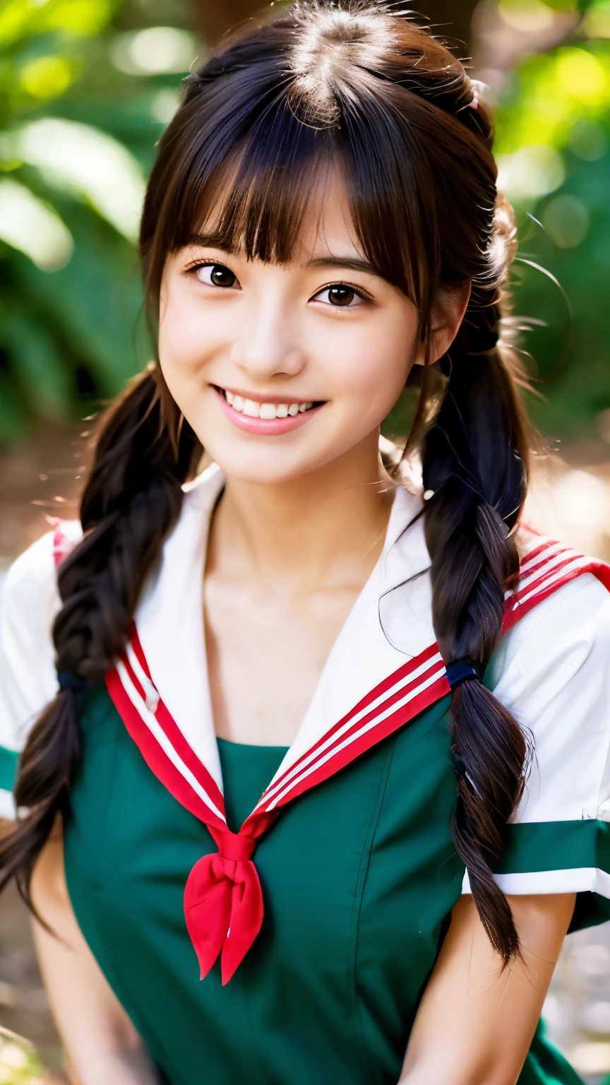 (((beautiful japanese high school girl))) 、1 person、(((In a park with beautiful summer greenery and flowers)))、Posing、(((A skimpy sleeveless blue sailor suit)))、(((super mile))、photorealistic、distinct、beautiful detailed eyes、hyper realism、high contrast、Ultra HD、realistic skin texture、Highest image quality、highest quality、ultra high resolution、Finely detailed、very carefully
