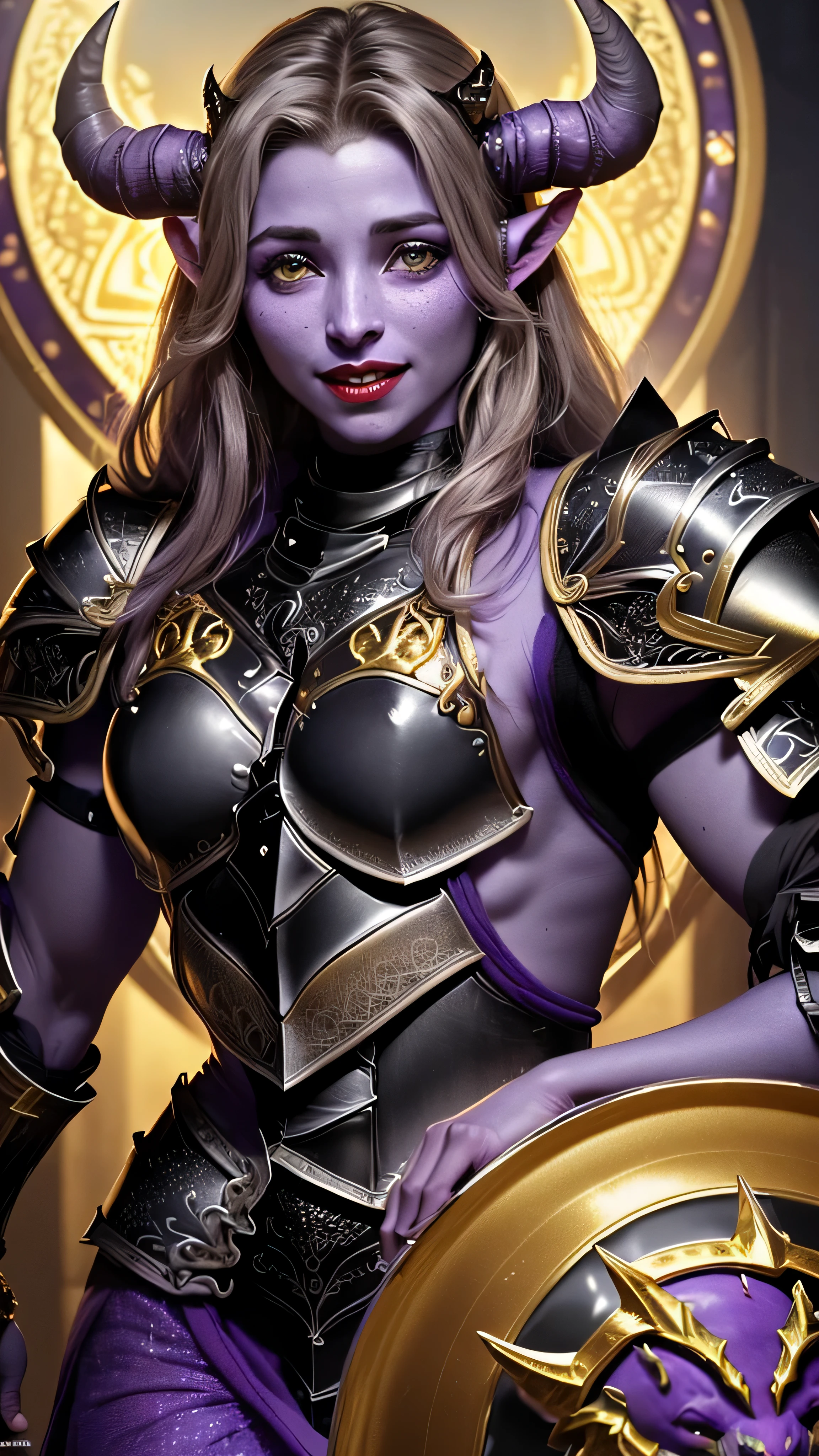 ((best quality: 1.5)) ((masterpiece: 0.8)), intricate details, sharp focus, professional, real life, realistic representation of the face, dynamic action pose, in the style of realistic and hyper detailed renderings BREAK (((((muscular (purple skin draenei girl), glossy (black horns), lacquered black paladin (armor:1.8), gold filigree, iridescent chrome shield, smiling)), gold eye, purple eye, red lips, long hair, [dark hair:blonde hair:0.6])))), freckles: 1.0), photorealistic, hyper-realistic, 8K