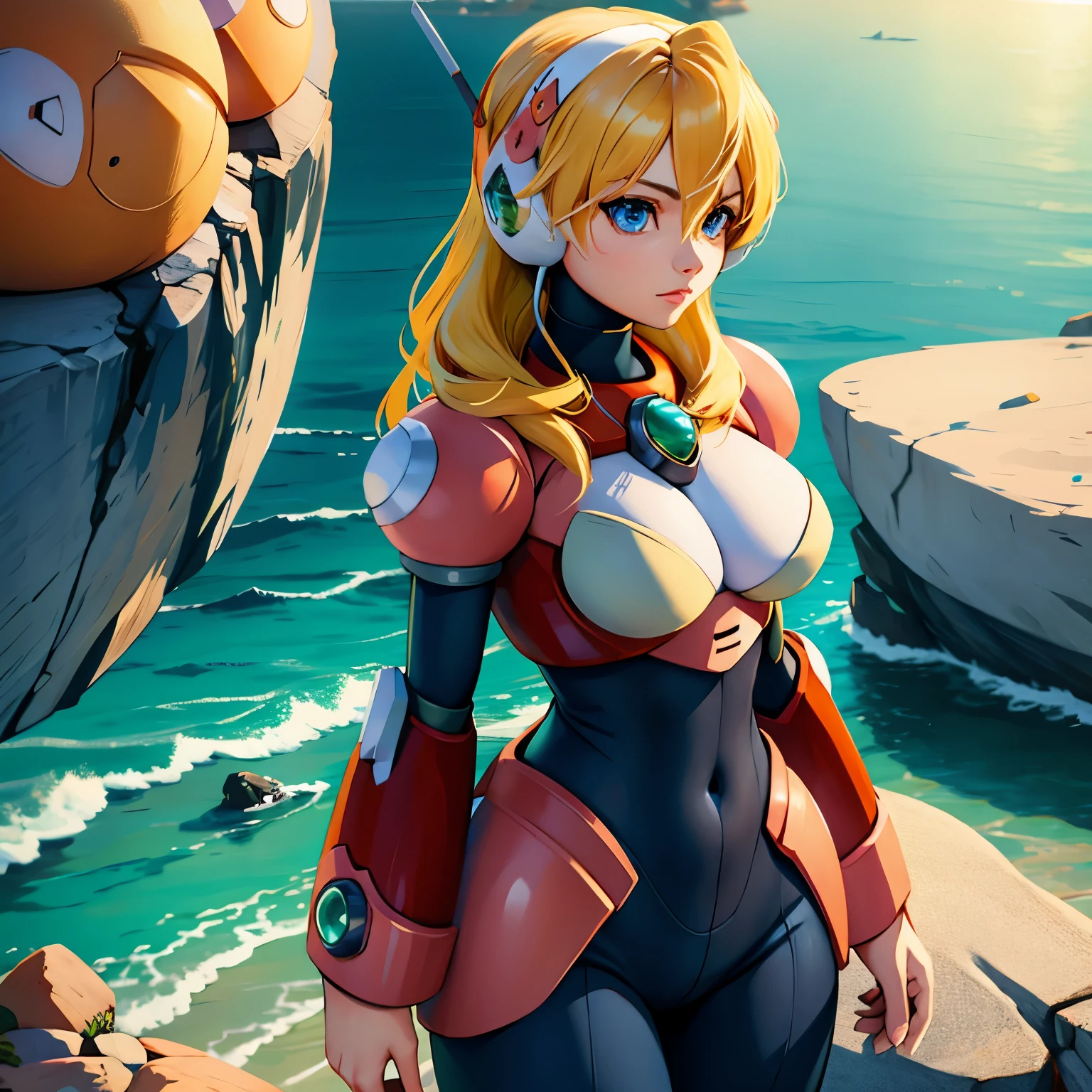 alia_megamanx, 1girl, solo, breasts, blue eyes, blonde hair, android, long hair, robot ears, overlooking the ocean on the edge of a rock, in the style of avian-themed, realistic yet stylized, villagecore, azure, orange and azure, dragoncore, aerial view