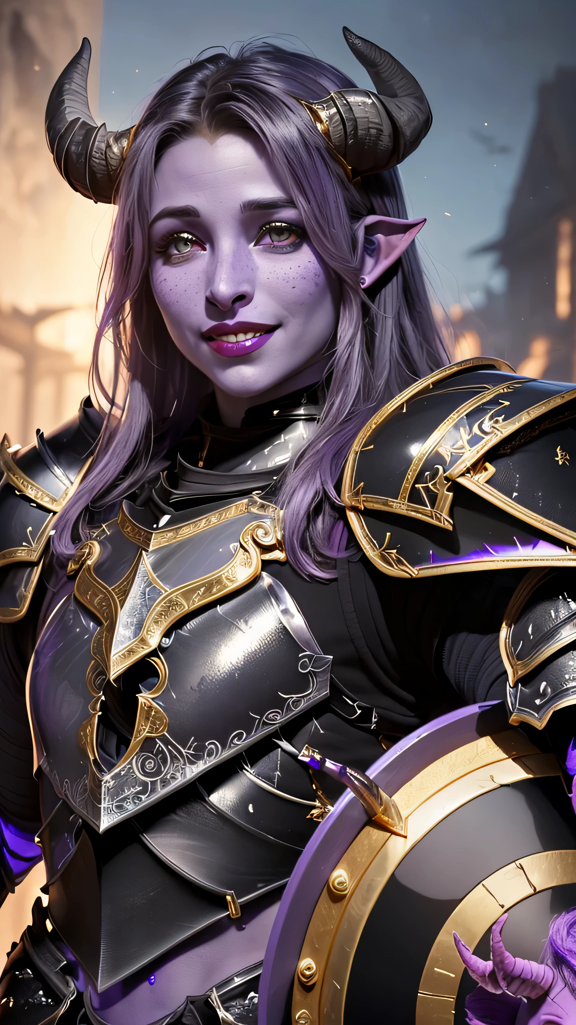 ((best quality: 1.5)) ((masterpiece: 0.8)), intricate details, sharp focus, professional, real life, realistic representation of the face, dynamic action pose, in the style of realistic and hyper detailed renderings BREAK (((((muscular (purple skin draenei girl), glossy (black horns), lacquered black paladin (armor:1.8), gold filigree, iridescent chrome shield, smiling)), gold eye, purple eye, red lips, long hair, [dark hair:blonde hair:0.6])))), freckles: 1.0), photorealistic, hyper-realistic, 8K