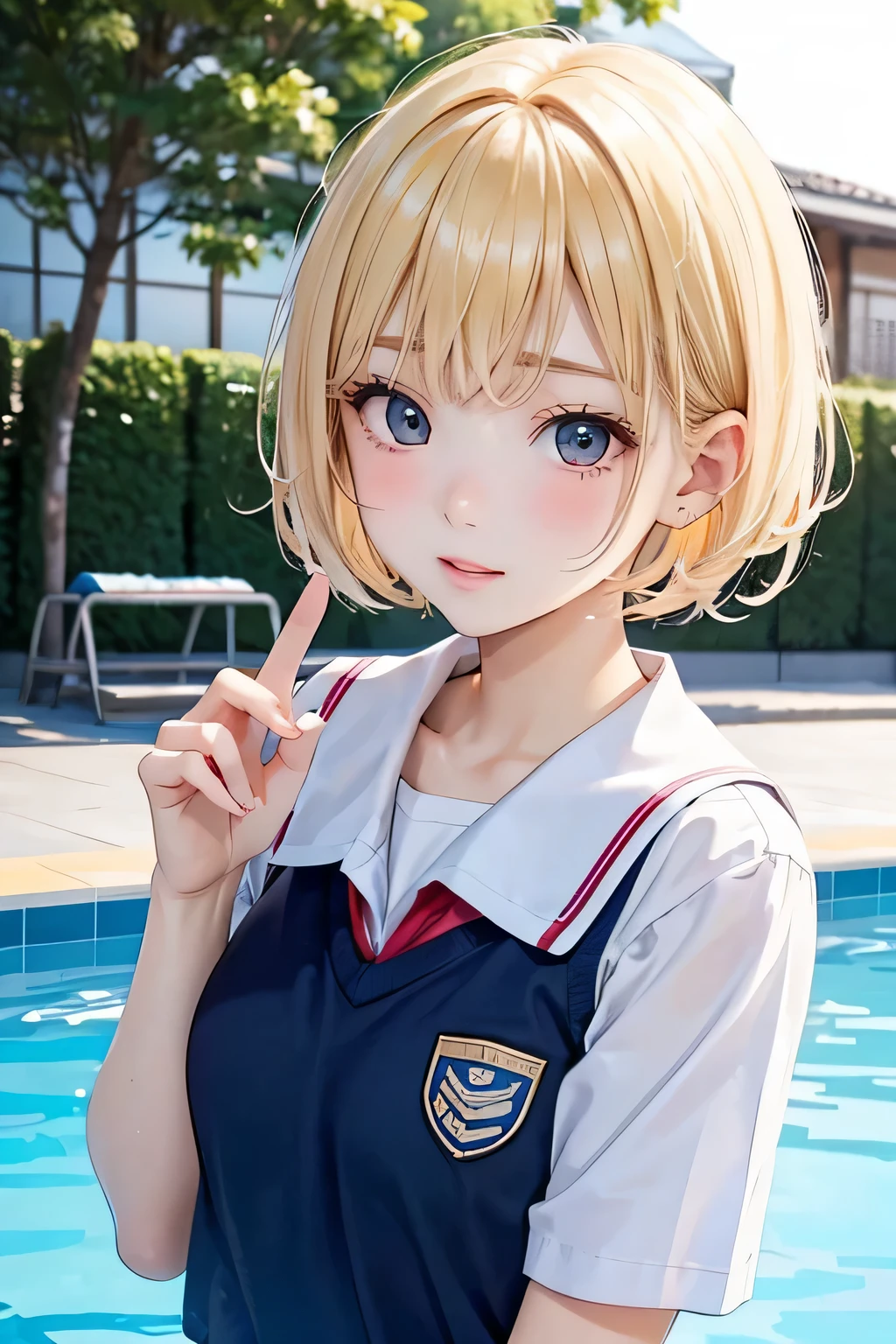 close up of face、blonde、short hair、girl１、school uniform、pool、school swimwear、reach out your hand