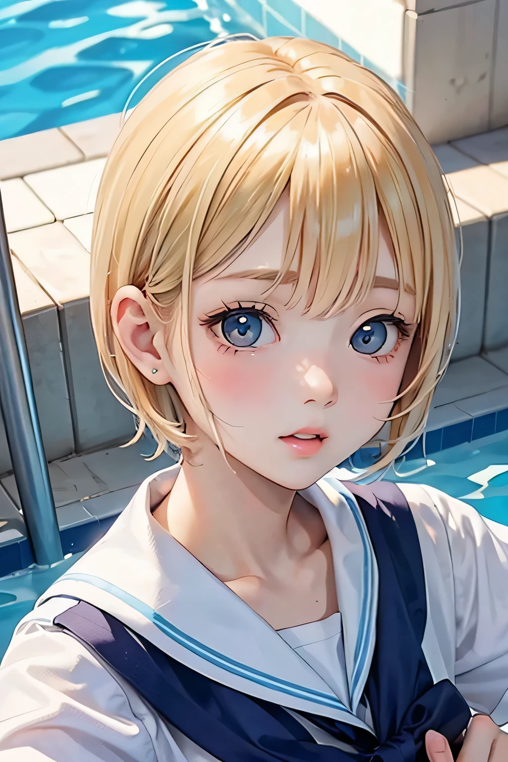 close up of face、blonde、short hair、girl１、school uniform、pool、school swimwear、reach out your hand