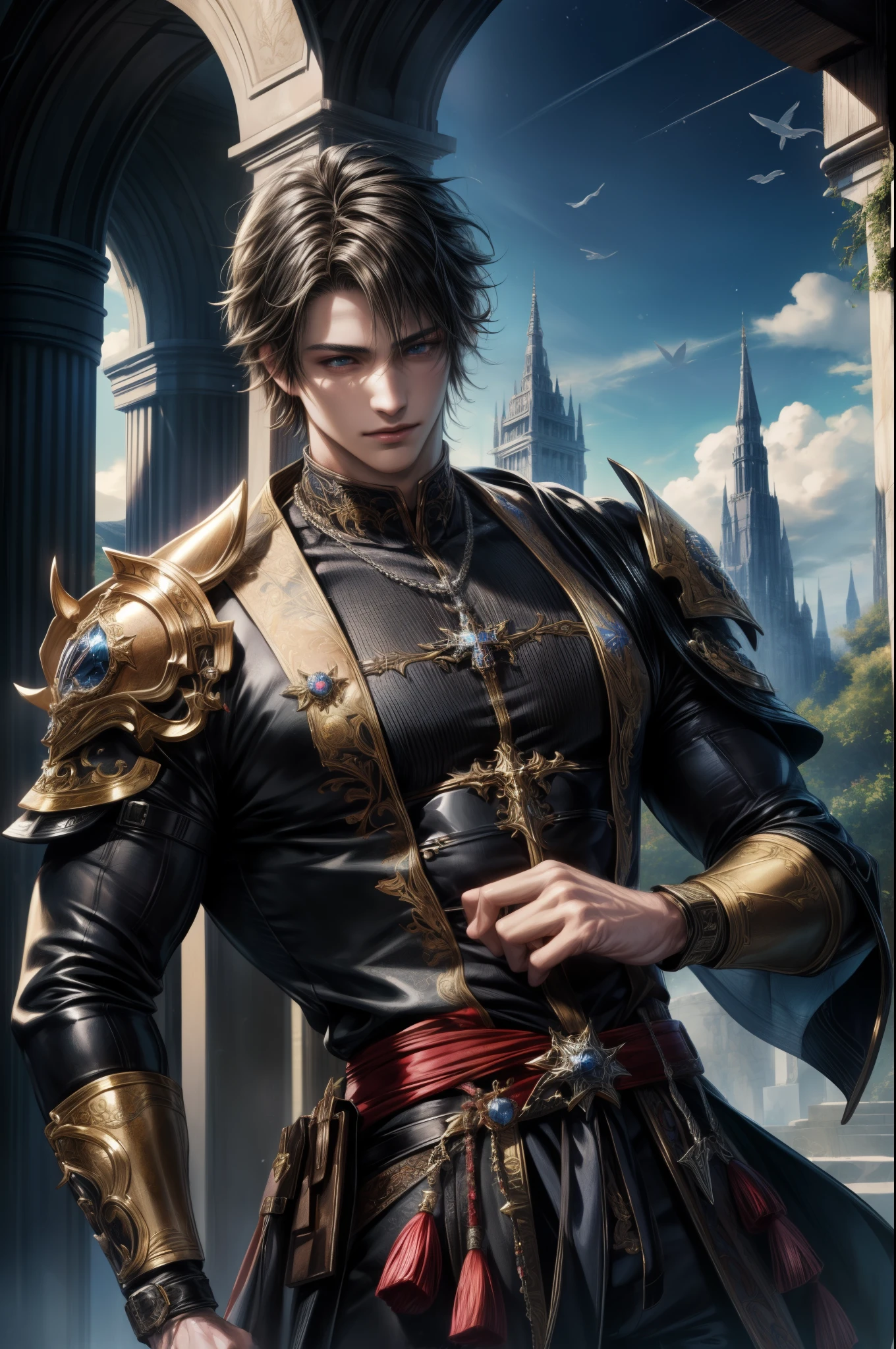 (absurdres, highres, ultra detailed, HDR), masterpiece, Intricate details,best quality picture of a character from Final Fantasy Brave, manly face handsome **** boy with short Hair anime eyes, intricate details on face, brave look, in a detailed outside paradise sanctuary scenery, detailed character, art kenouji