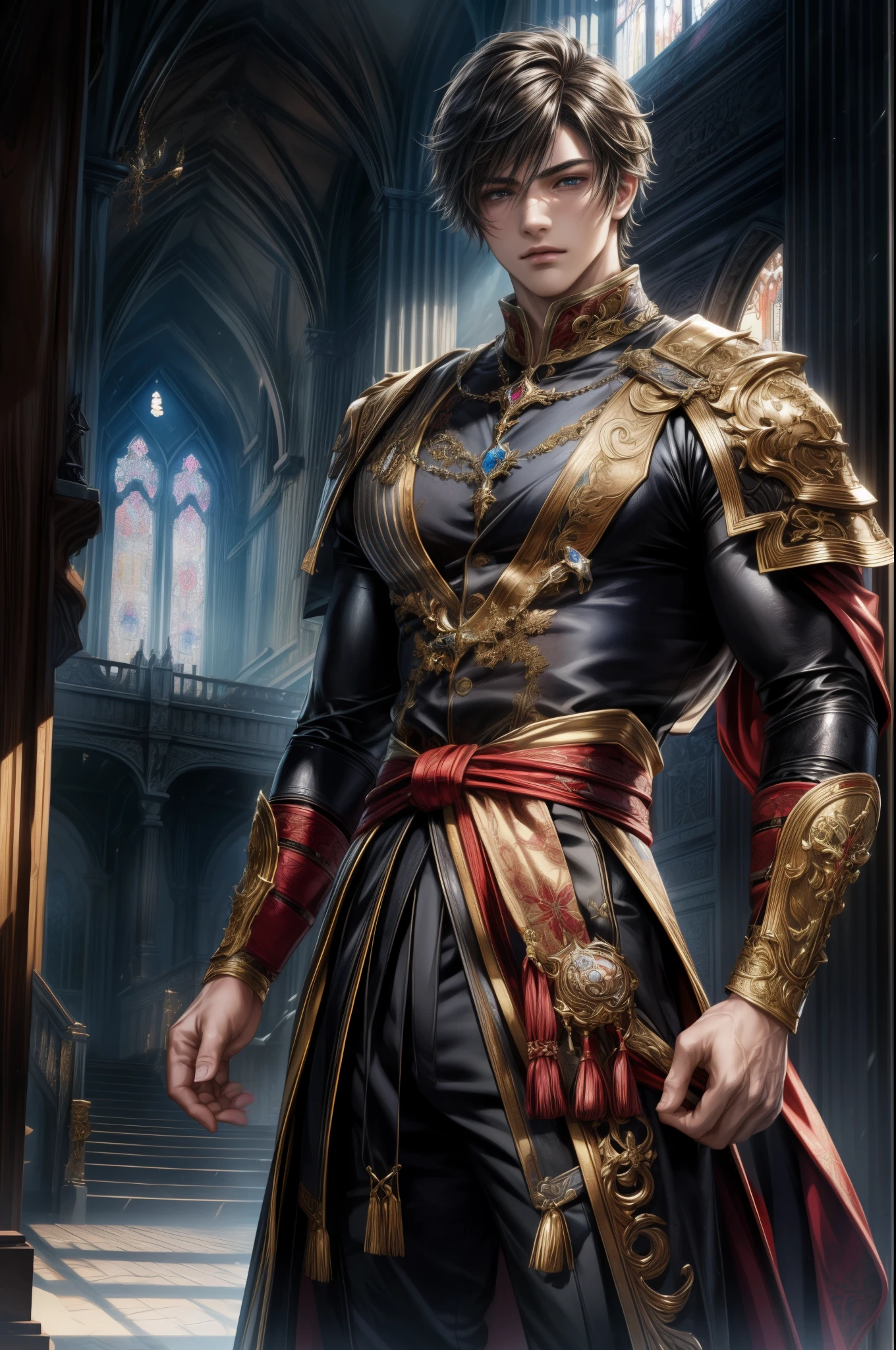 (absurdres, highres, ultra detailed, HDR), masterpiece, Intricate details,best quality picture of a character from Final Fantasy Brave, manly face handsome teen boy with short Hair anime eyes, intricate details on face, brave look, in a detailed outside paradise sanctuary scenery, detailed character, art kenouji