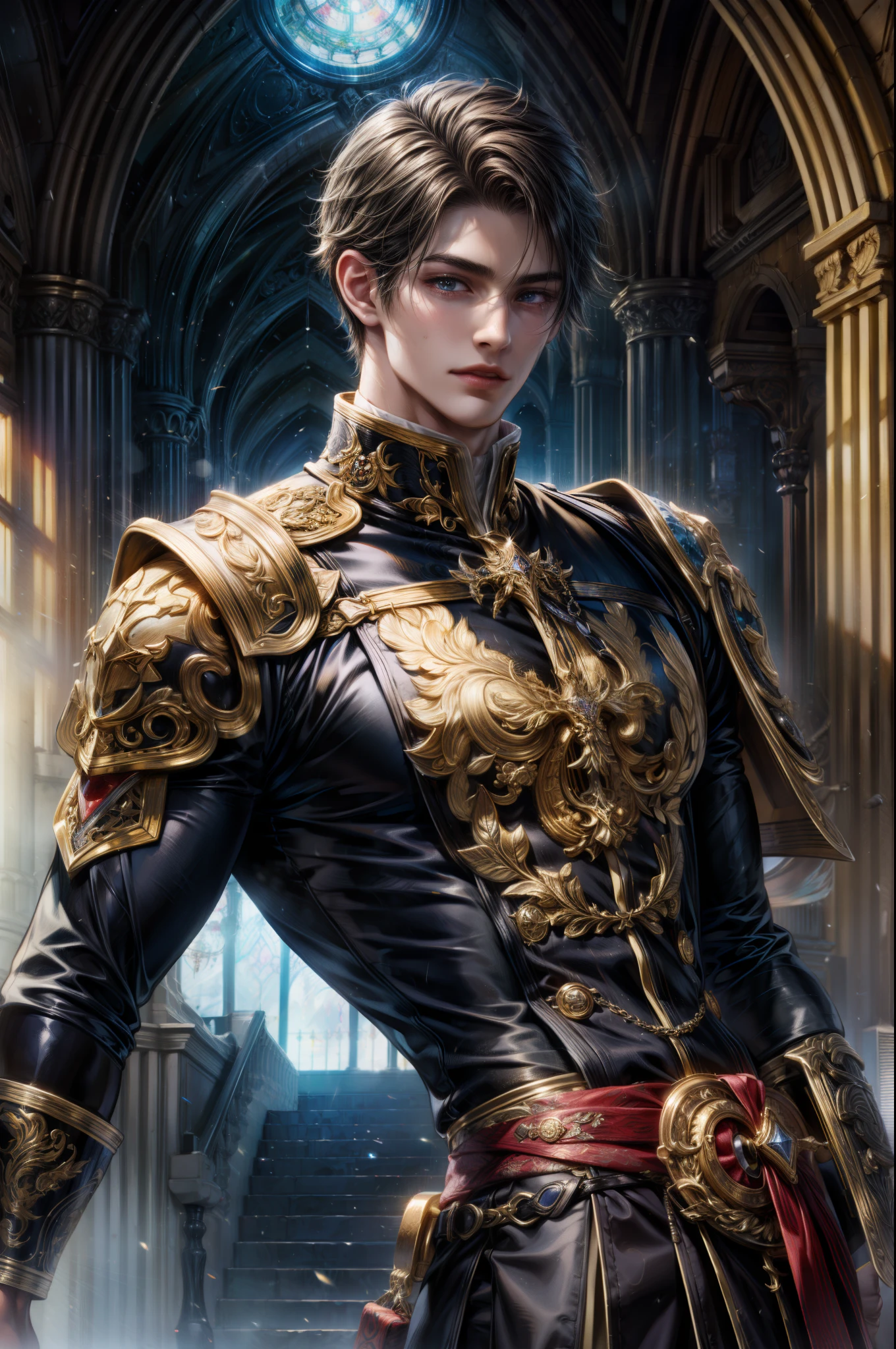 (absurdres, highres, ultra detailed, HDR), masterpiece, Intricate details,best quality picture of a character from Final Fantasy Brave, manly face handsome teen boy with short Hair anime eyes, intricate details on face, brave look, in a detailed outside paradise sanctuary scenery, detailed character, art kenouji