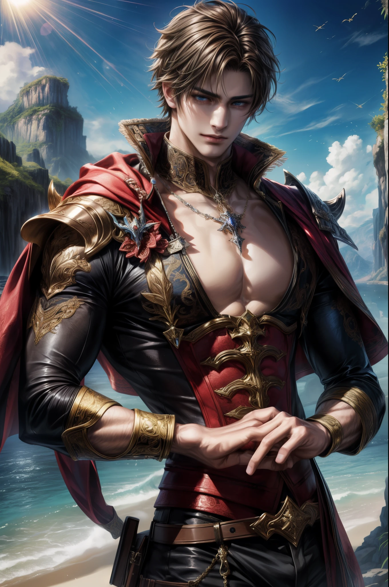 (absurdres, highres, ultra detailed, HDR), masterpiece, Intricate details,best quality picture of a character from Final Fantasy Brave, manly face handsome teen boy with short Hair anime eyes, intricate details on face, brave look, in a detailed outside paradise sanctuary scenery, detailed character, art kenouji