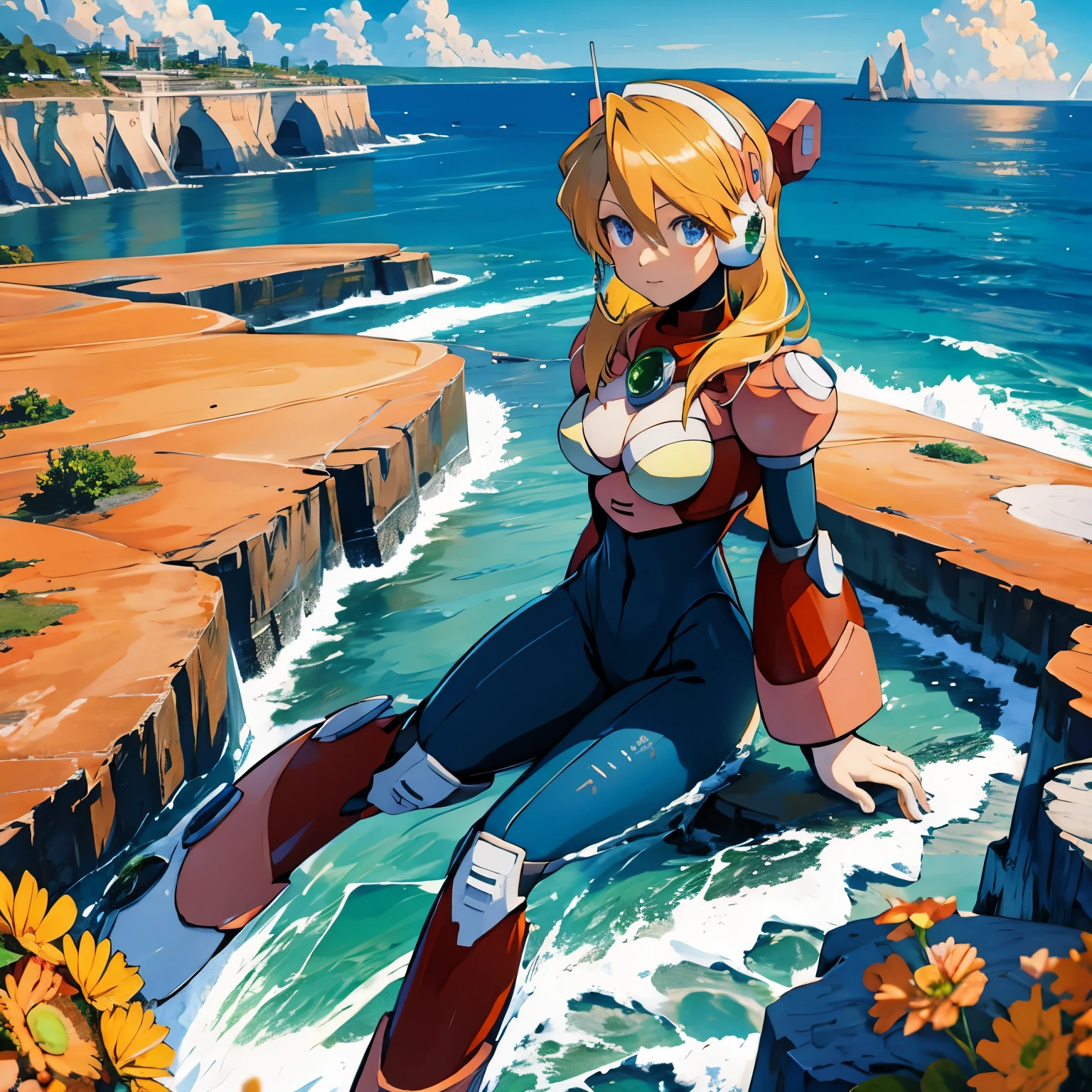 alia_megamanx, 1girl, solo, breasts, blue eyes, blonde hair, android, long hair, robot ears, overlooking the ocean on the edge of a rock, in the style of avian-themed, realistic yet stylized, villagecore, azure, orange and azure, dragoncore, aerial view