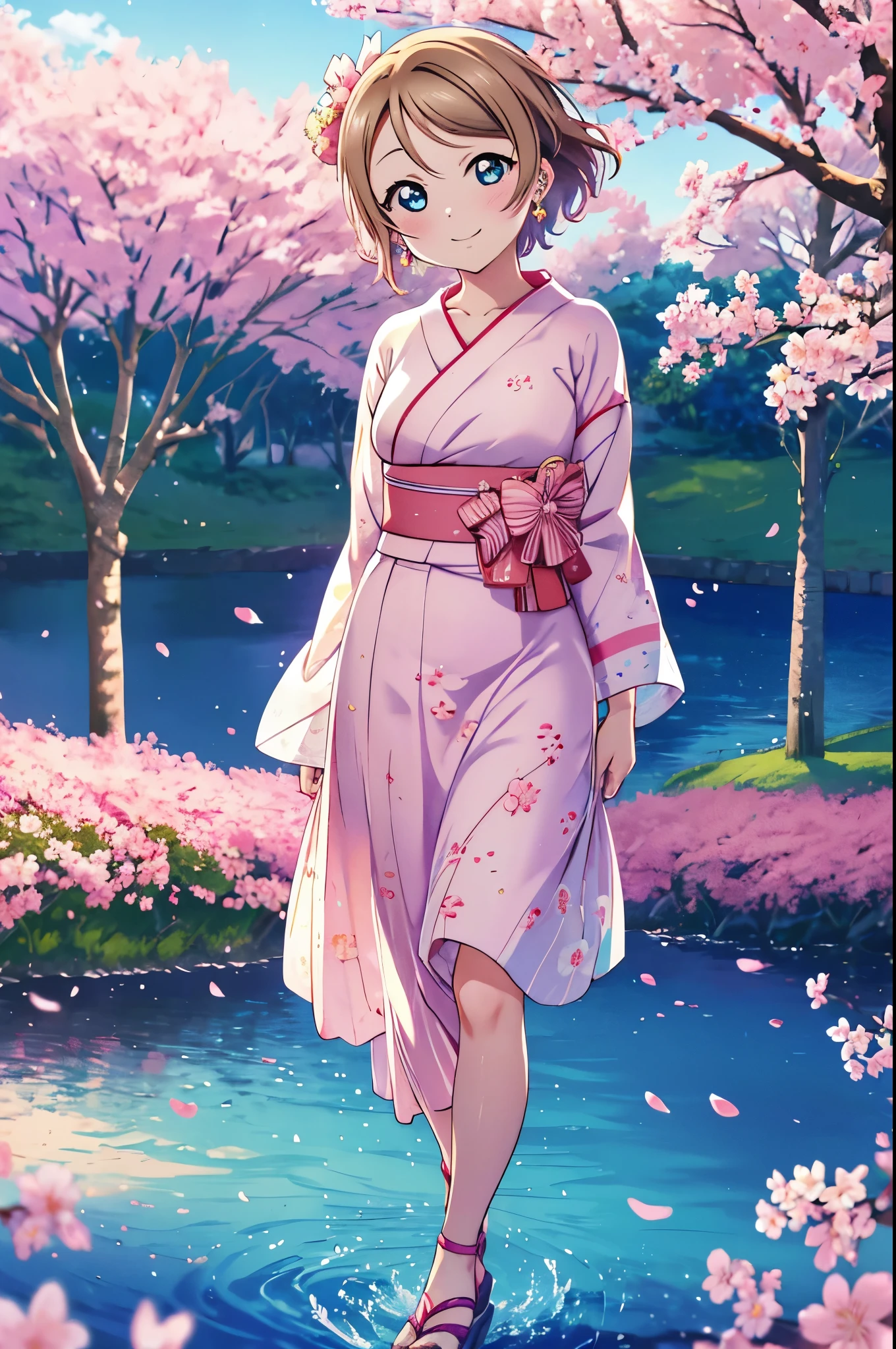 Mr. Watanabe,Mr. Watanabe,brown hair,short hair,blue eyes,blush,medium chest,smile,ship anchor earrings,light blue floral pattern yukata,long skirt,Zori sandals,walking,Cherry blossoms are scattered,pink scenery, break outdoors, Cherry blossom tree-lined path, break (masterpiece:1.2), highest quality, High resolution, unity 8k wallpaper, (shape:0.8), highly detailed face, perfect lighting, Very detailed CG, (perfect hands, perfect anatomy),