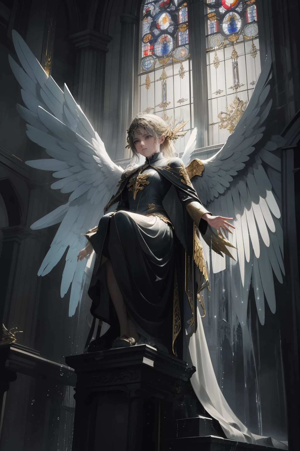 masterpiece, best quality, official art, angel perched in rainy environment, extreme details, bars of a church, arms low and loose, gaze of anger, shining eyes almost in shadow, little light filtering through, little touches of brilliance illuminating the scene, intricately detailed wings, raindrops cascading around, a moment of intensity, beautiful and aesthetic, realistic sculpture.