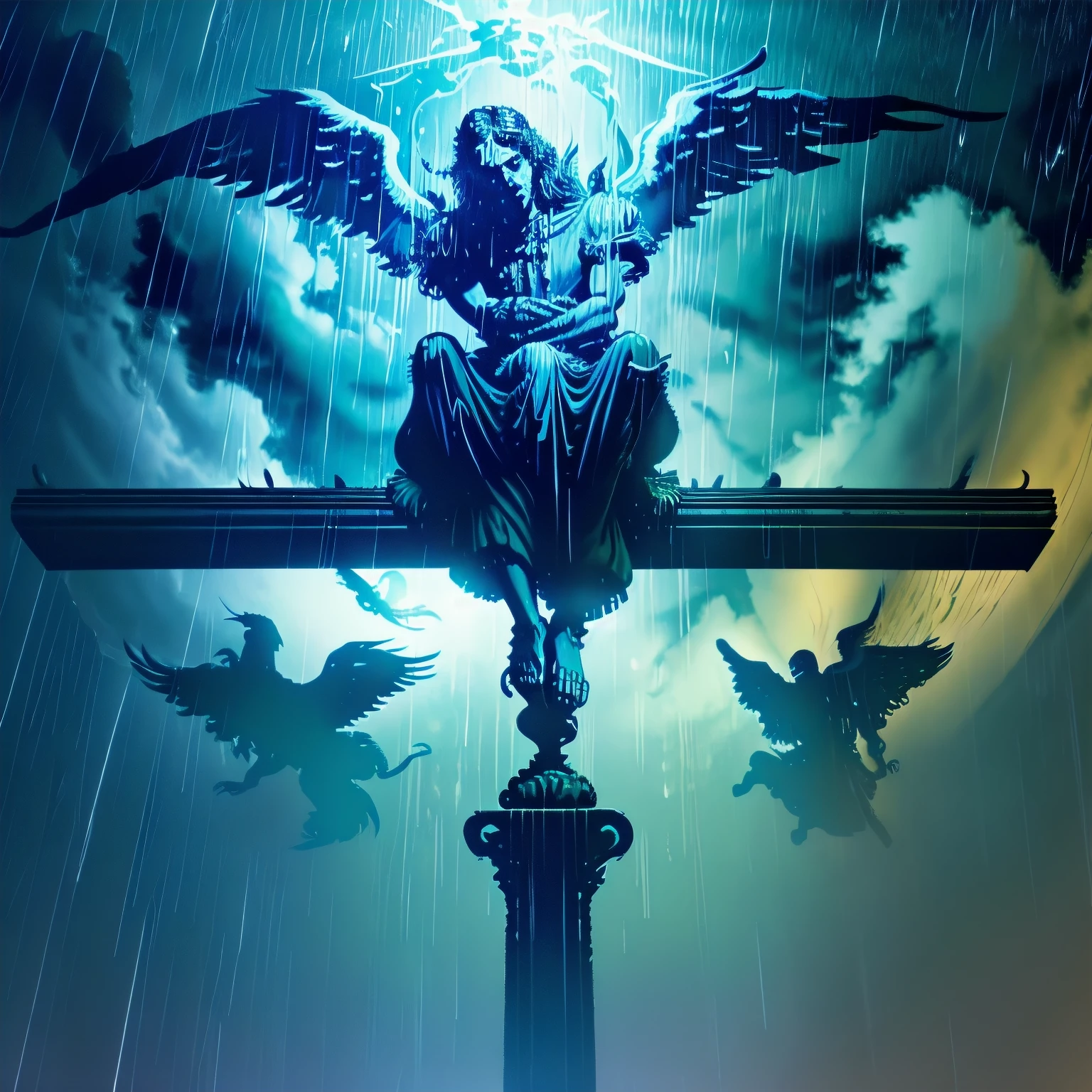 angel perched on the bars of a church, arms low and loose, look of anger, with shining eyes, rainy environment, little light, face almost in shadow.