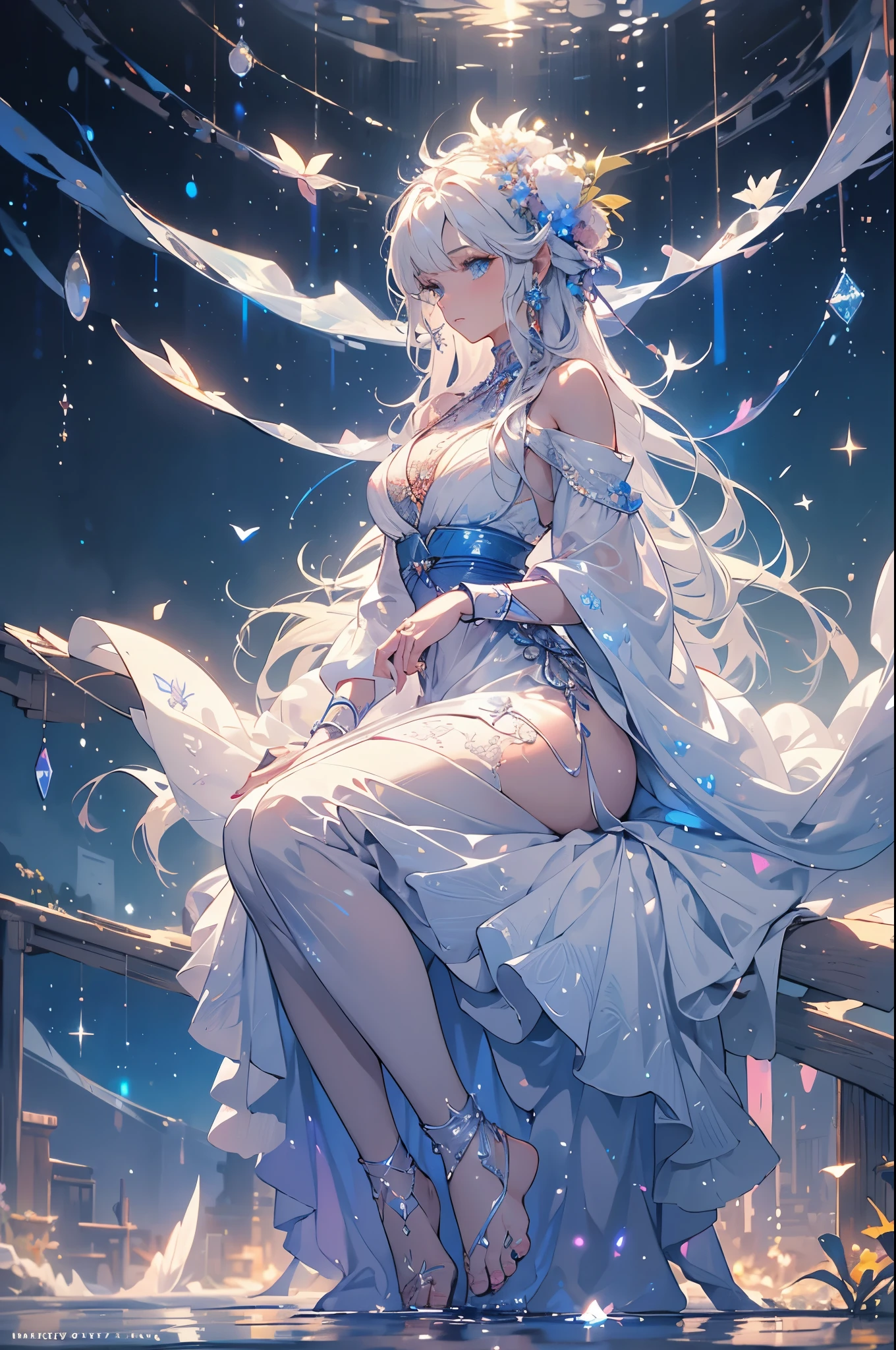 a girl, the most beautiful woman in the world, sitting in profile, white hair, long sideburns, white hair, blue eyes, (((bare feet in the water, wearing a light white dress with moving bands, touching a fairy))) , depth of a magical forest with neon flowers and fireflies, colorful flowers and leaves, {extremely detailed 16k CG unit wallpaper}, expansive landscape photography, (a view from below focusing on the character and setting), (wide open field view), (low angle shot), (high light: 1.2), (low light: 1.7), (warm light source: 1.2), complex details, (iridescent colors: 1.5), (illumination bright), (atmospheric lighting)