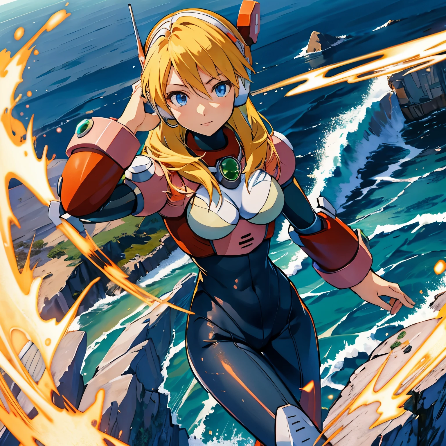 alia_megamanx, 1girl, solo, breasts, blue eyes, blonde hair, android, long hair, robot ears, overlooking the ocean on the edge of a rock, in the style of avian-themed, realistic yet stylized, villagecore, azure, orange and azure, dragoncore, aerial view