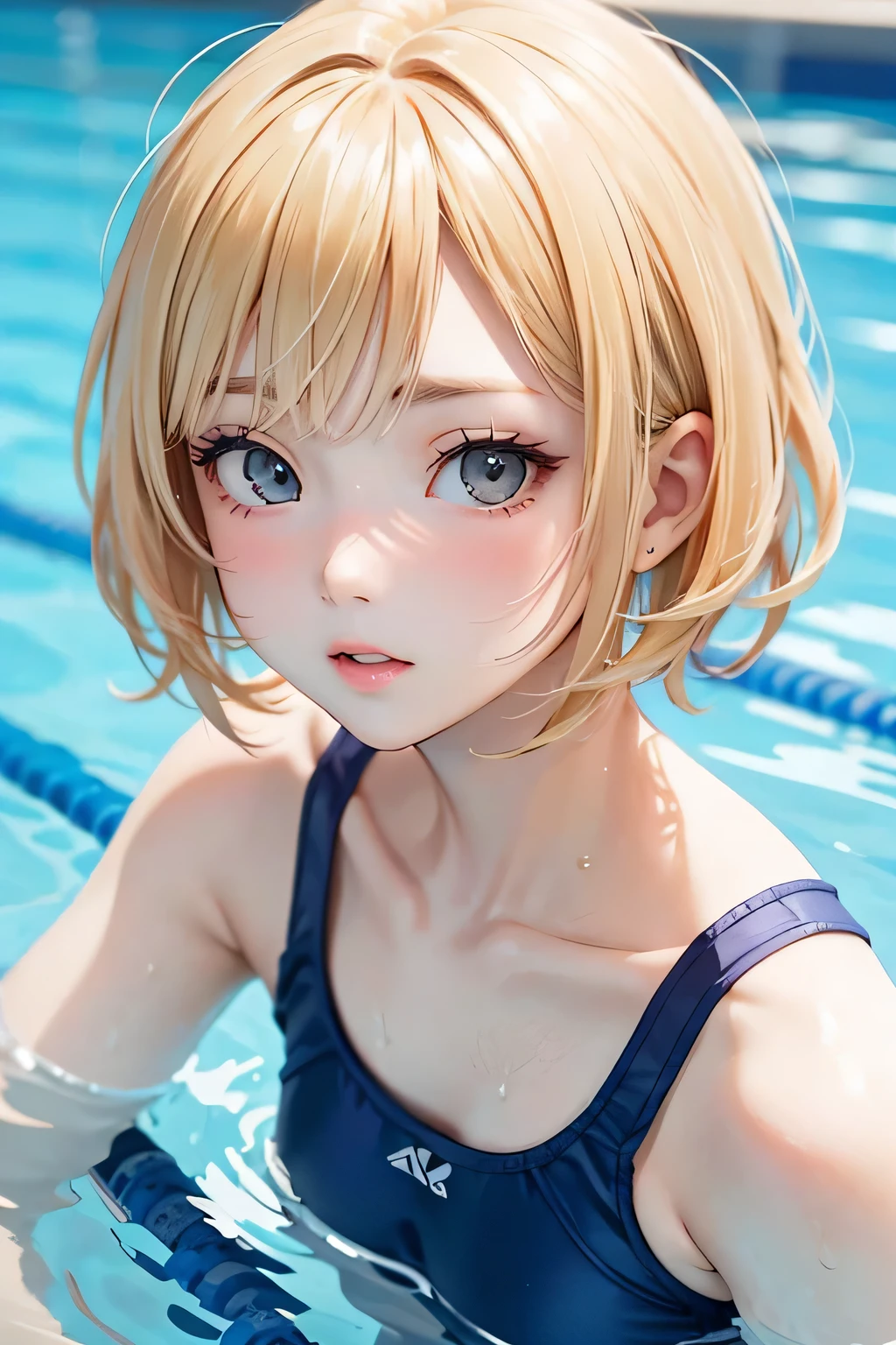 close up of face、blonde、short hair、girl１、pool、school swimwear