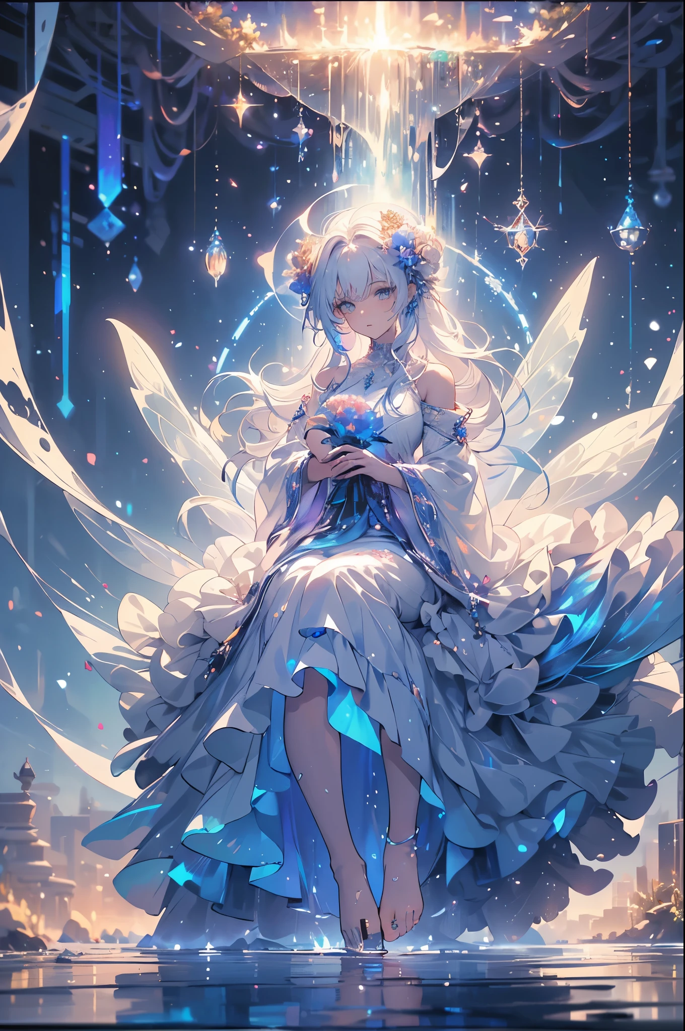 a girl, the most beautiful woman in the world, sitting in profile, white hair, long sideburns, white hair, blue eyes, (((bare feet in the water, wearing a light white dress with moving bands, touching a fairy))) , depth of a magical forest with neon flowers and fireflies, colorful flowers and leaves, {extremely detailed 16k CG unit wallpaper}, expansive landscape photography, (a view from below focusing on the character and setting), (wide open field view), (low angle shot), (high light: 1.2), (low light: 1.7), (warm light source: 1.2), complex details, (iridescent colors: 1.5), (illumination bright), (atmospheric lighting)