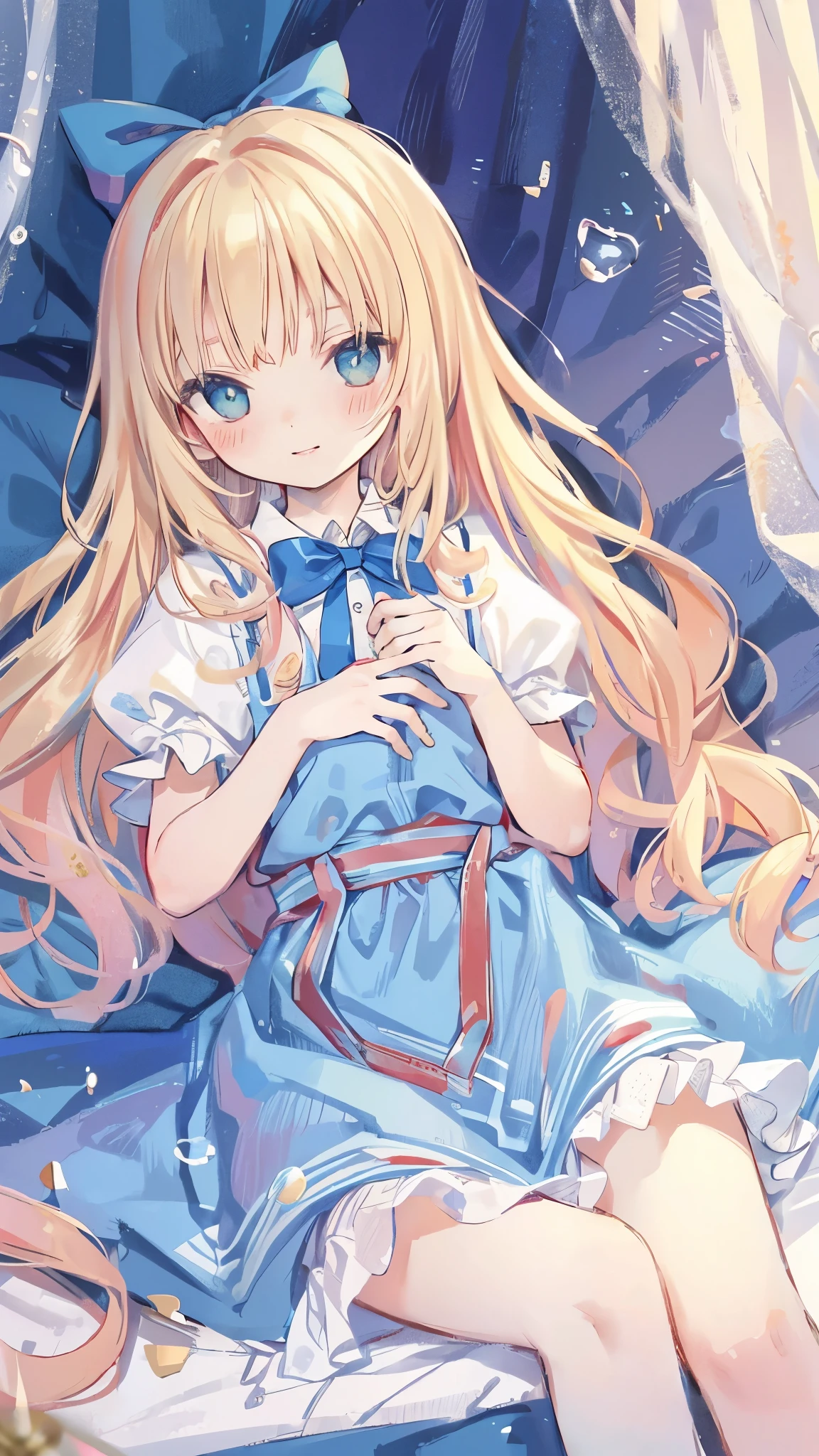 High resolution, (An illustration: 1.3), anime、((highest quality)), (Super detailed), (beautiful), ((Walk through a detailed dank cave:1.3)), alone,(The girl is holding a newborn baby girl、8-year-old:1.4)、cute face、(alice in wonderland costume:1.4),white and transparent skin、(blue ribbon on head:1.3)、Shiny pale colorful blonde long hair,overjoyed face、(low position、from below:1.4),finger to mouth