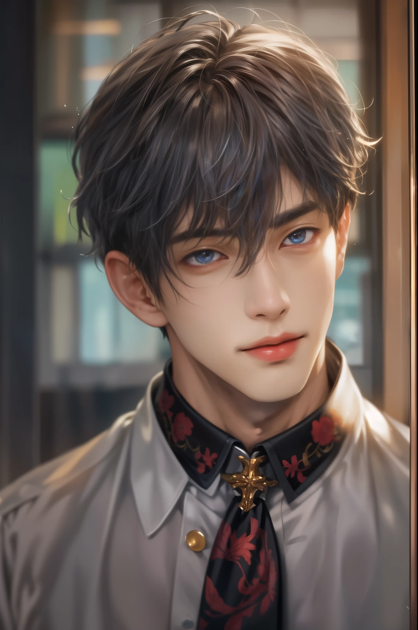(absurdres, highres, ultra detailed, HDR), masterpiece, best quality, Netflix series Singles Inferno character, handsome young boy, short hair, korean handsome face, anime eyes, detailed interior, detailed character