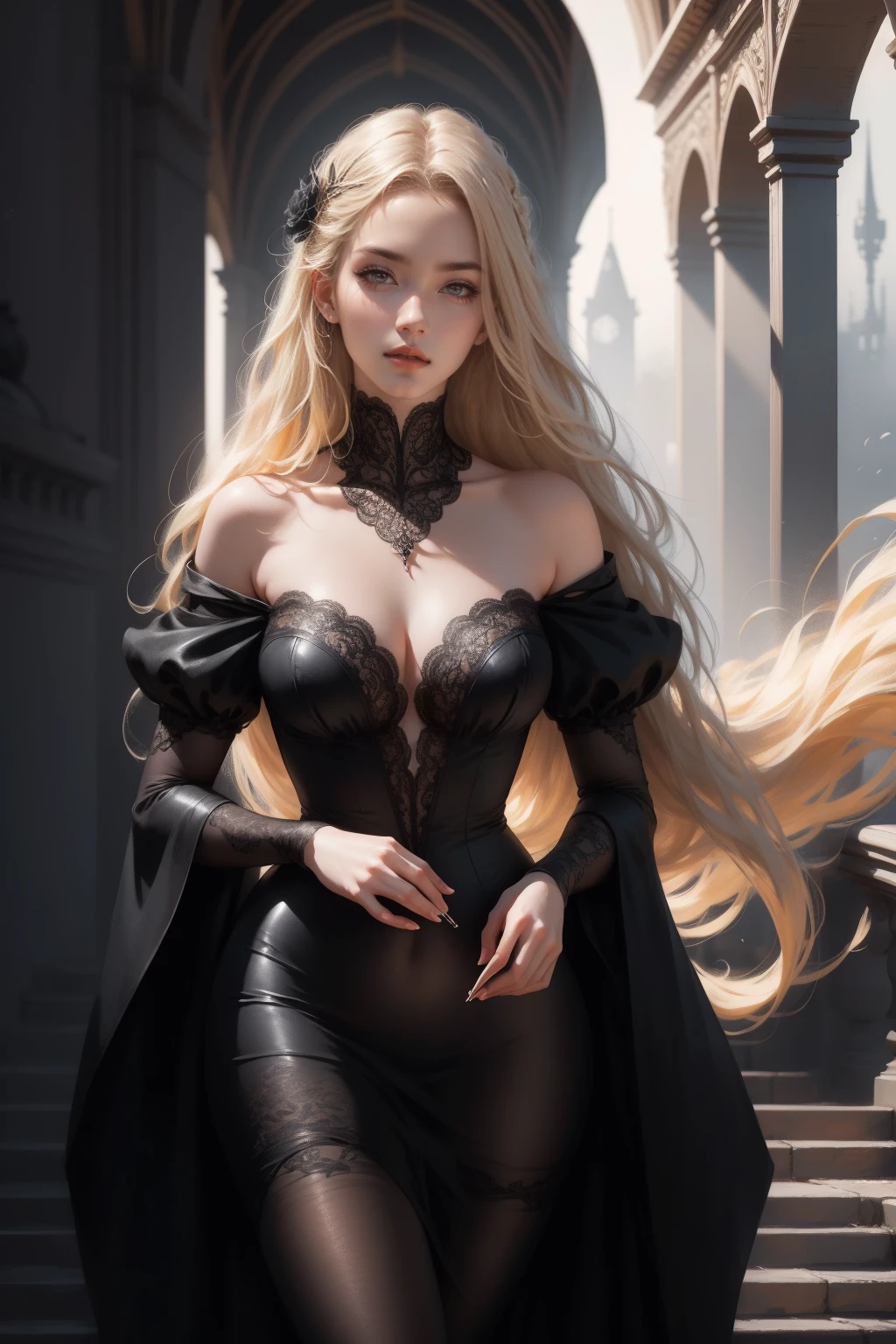 { - erro de anatomia}(Masterpiece - Ultra-Detailed, High Resolution) Prepare to be enchanted by a true masterpiece that combines ultra-detailed art with high-resolution rendering. This work shows a mesmerizing girl with long blonde hair (1.3) and captivating gray eyes (1.2), emanating an aura of elegance and mystery. The intricate details and realistic textures invite you to explore every aspect of this enchanting composition. Girl wearing classic Victorian costumes, black dress. Red lips (red lipstick) . Walking, writing, lying, standing, on your back, dynamic poses. Get ready to dive into a world where beauty and craftsmanship merge perfectly.
