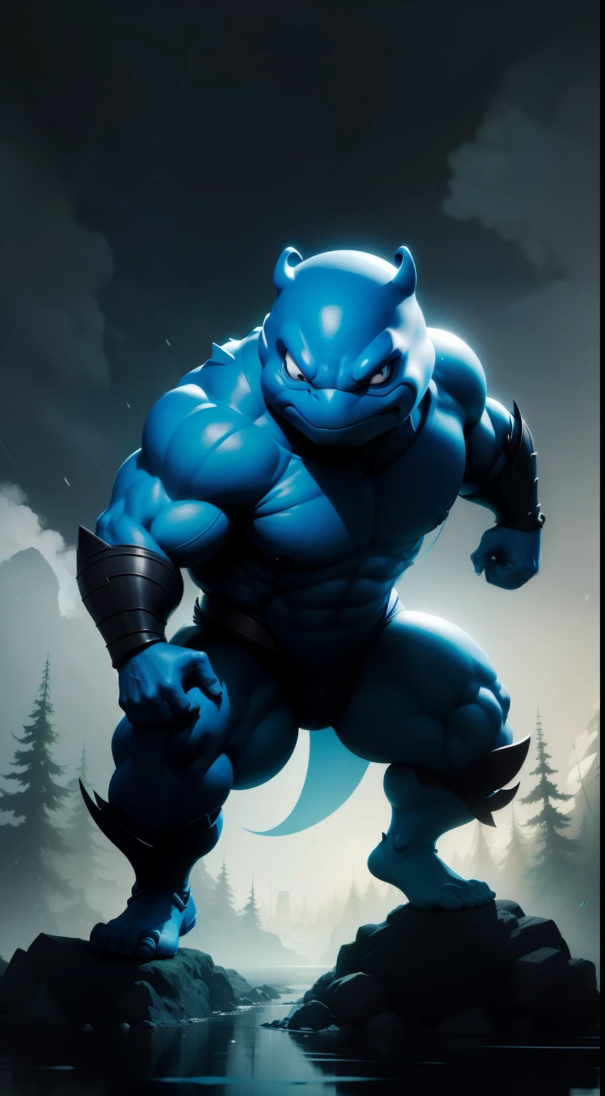 Create a vibrant, dark fantasy of a cute blue ninja turtle in a clean-lined, minimalist cartoon style., Al fondo un hermoso bosque, lluvia, Renderizado de octanaje, 8k
