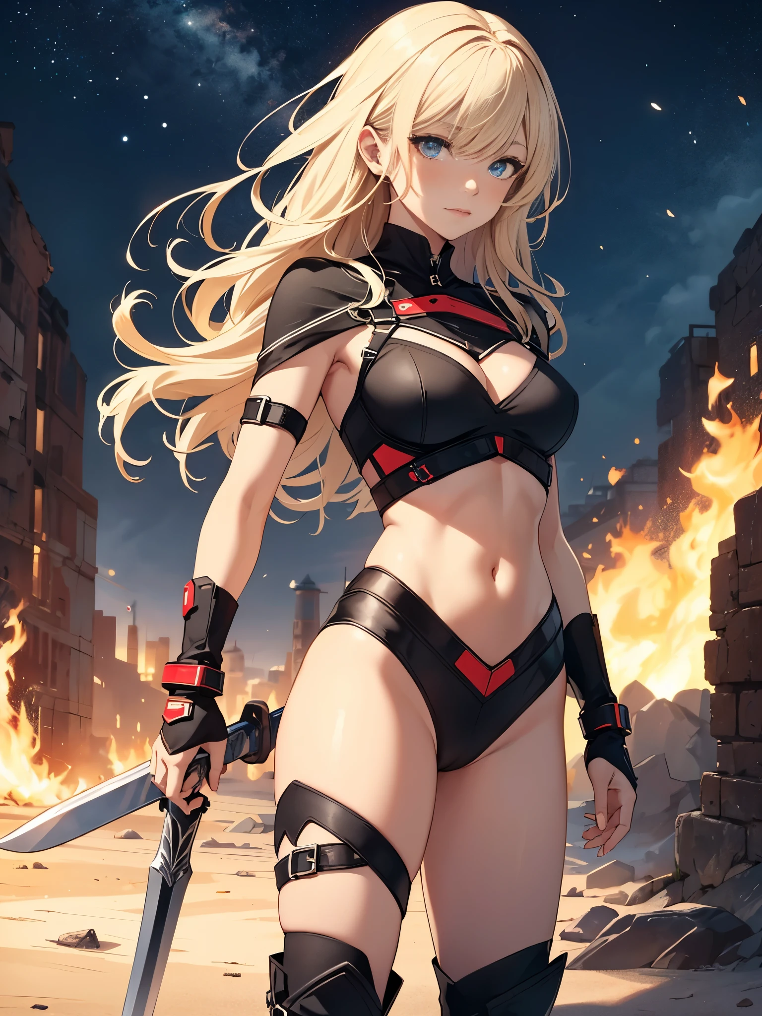 1girl, medium breasts, leotard, black leotard with red accents, sleeveless, midriff, bare legs, boots, matching boots, bracelets, mars backdrop, solo, single, standing, full body shot, cowboy shot, beautiful detailed eyes, blonde hair, medium hair, superhero, barbarian, using broad sword in hand