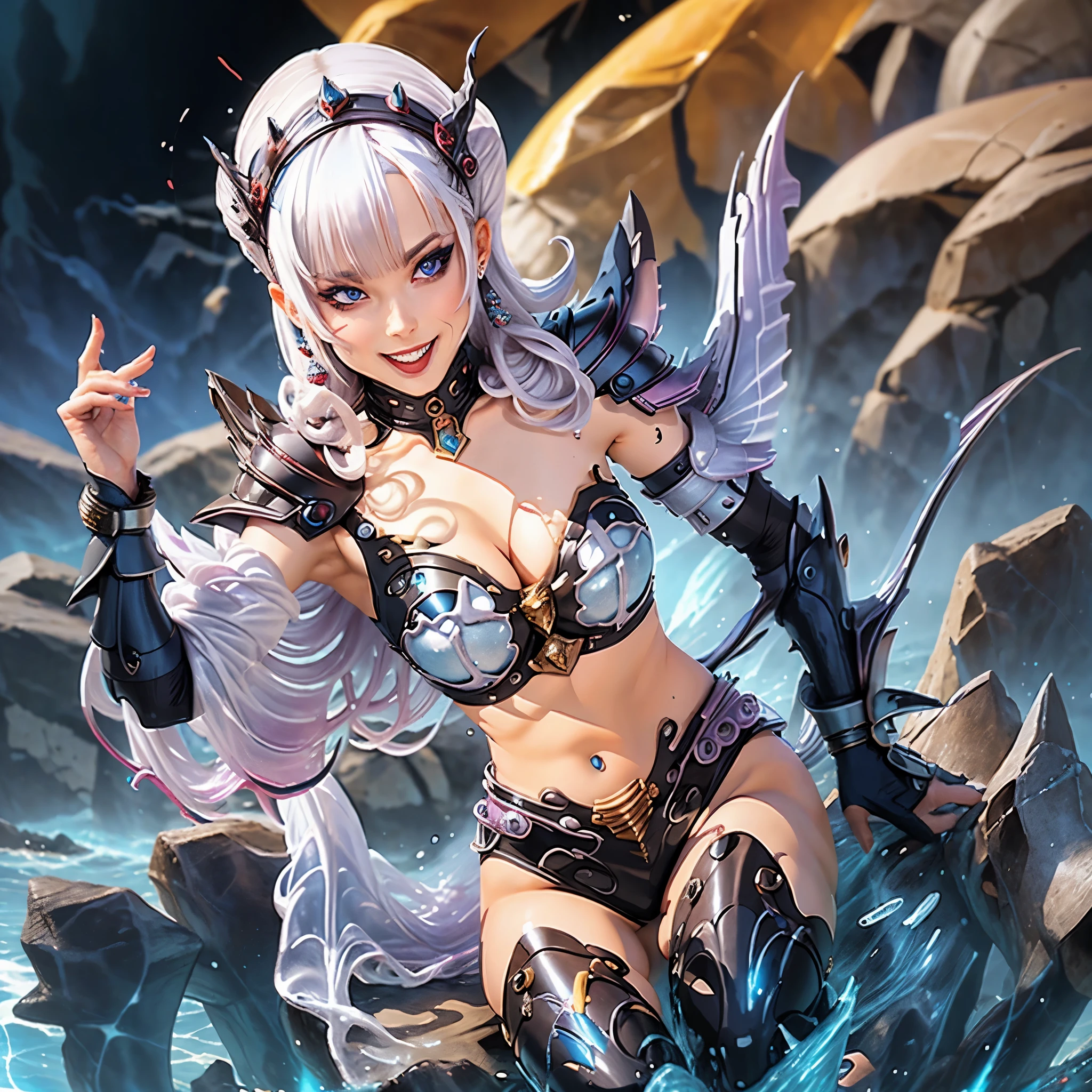 Villainous Armored Alien Princess with water-based powers,
(Super villainous) (beautiful face:1.5)
 adorned in asymmetrical, stylized armor,
 with seductive aquatic design,
 emitting a wicked, erotic smile, (villainous laughter:1.3).