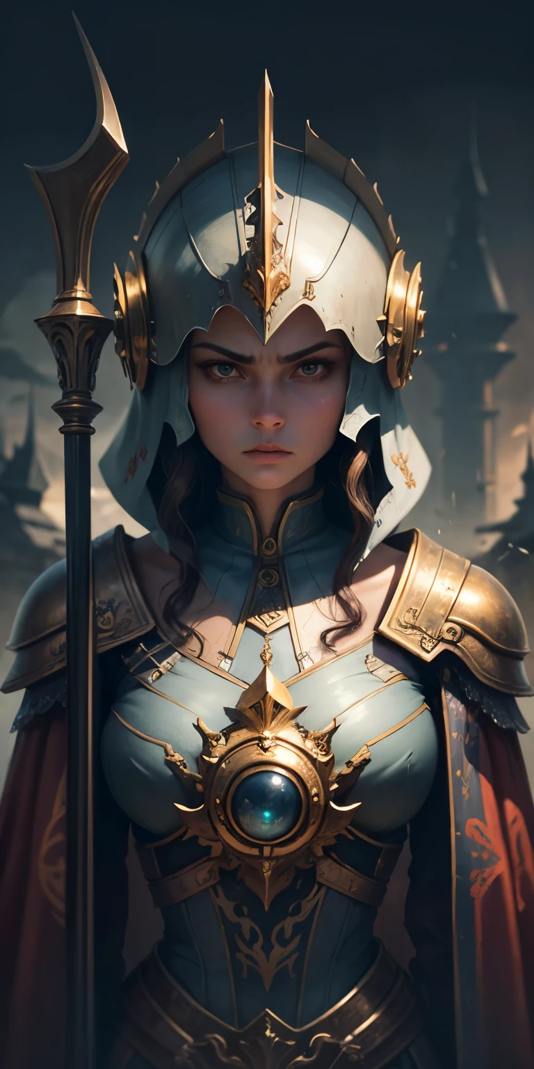 Beautiful extremely tall female pretorianesque castle guard stands watch, holding grasping with gauntleted hand a long sharped hal blade, clad in alien mechanically complex foreign armor, helmet with long grebes of red blue and gold, armor of gold silver pearl and onyx, alien desert planet mountainous background, high elegant castle walls and gate, a guard at the gate, anger, determination, pained, stands stoically, oil painting art style, oil paint brush strokes, 64k resolution, hyperdetailed, classical science fiction in the style of James Chambers,
