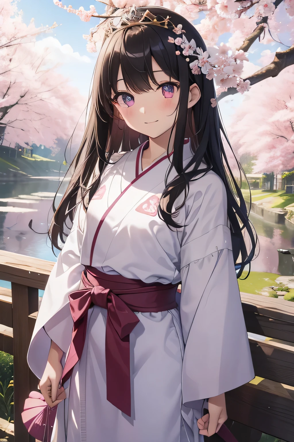 highest quality、best image quality、beautiful eyes、very delicate and beautiful、beautiful eyes、pink eyes、I、I、11 year old girl、Japanese、、Chiquita、Noble、primary school student、black hair、barefoot、(((judo)))、tiara on head、dull smile、standing and facing forward、The background is a row of cherry blossom trees
