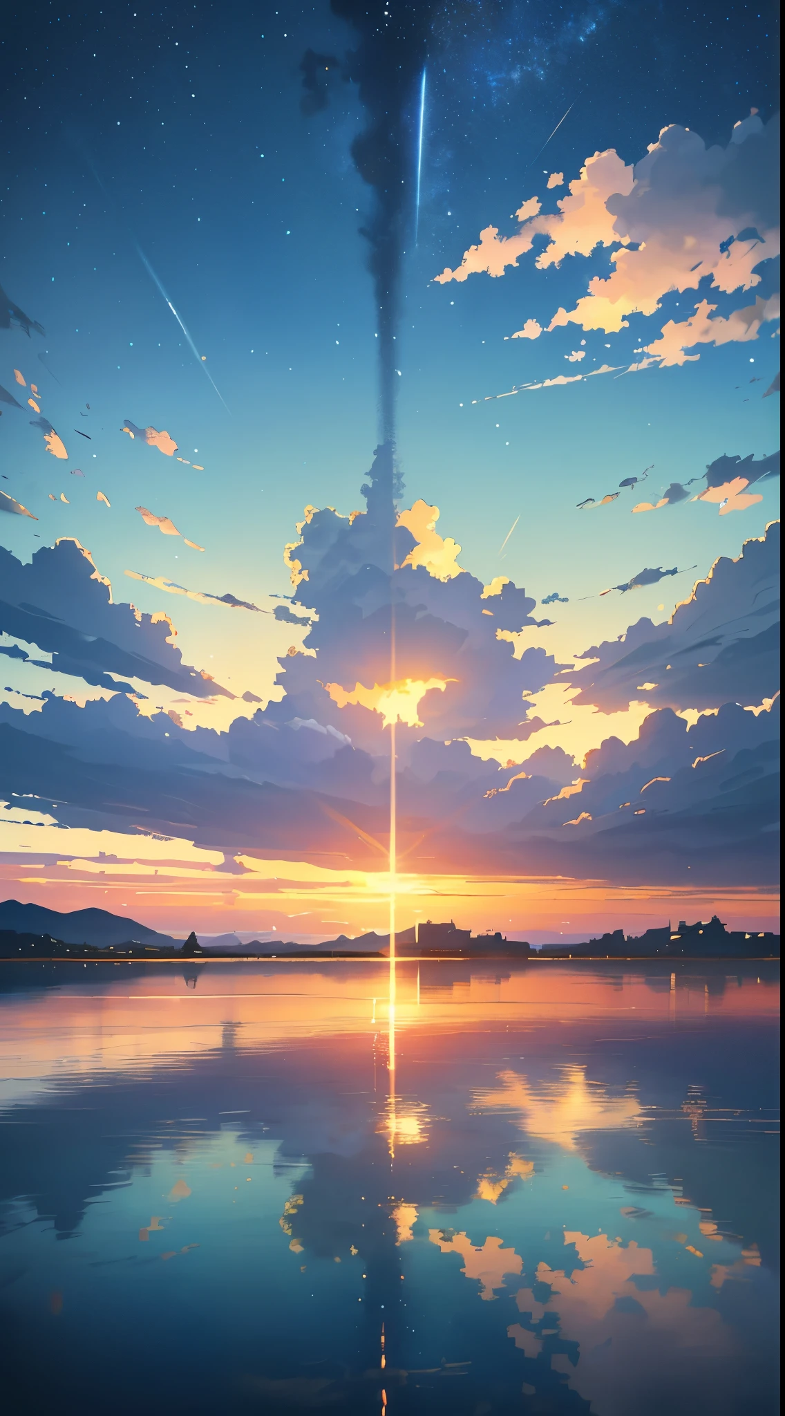 High quality masterpiece ,landscape,Anime train passing through a body of water on the tracks, Brilliant night sky。romantic train,pixiv,concept art,Lofiatoスタイル,reflector。 by makoto shinkai, Lofiato, beautiful anime scene, アニメのlandscape, 詳細なlandscape - 幅 672, in Makoto Shinkai's style, Makoto Shinkai's style,Emphasizing details。
