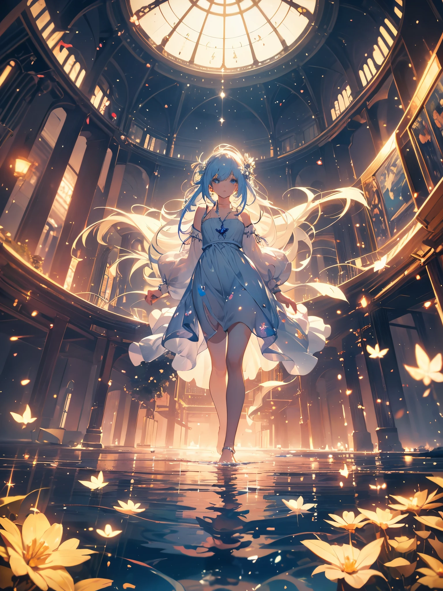a girl, the most beautiful woman in the world, sitting in profile, white hair, long sideburns, white hair, blue eyes, (((bare feet in the water, wearing a light white dress with moving bands, where her hand touches a fairy) )), depth of a magical forest with neon flowers and fireflies, colorful flowers and leaves, {extremely detailed 16k CG unit wallpaper}, expansive landscape photography, (a view from below with focus on character and setting ), (wide open field view), (low angle shot), (high light: 1.2), (low light: 1.7), (warm light source: 1.2), complex details, (iridescent colors: 1.5), (bright lighting), (atmospheric lighting)