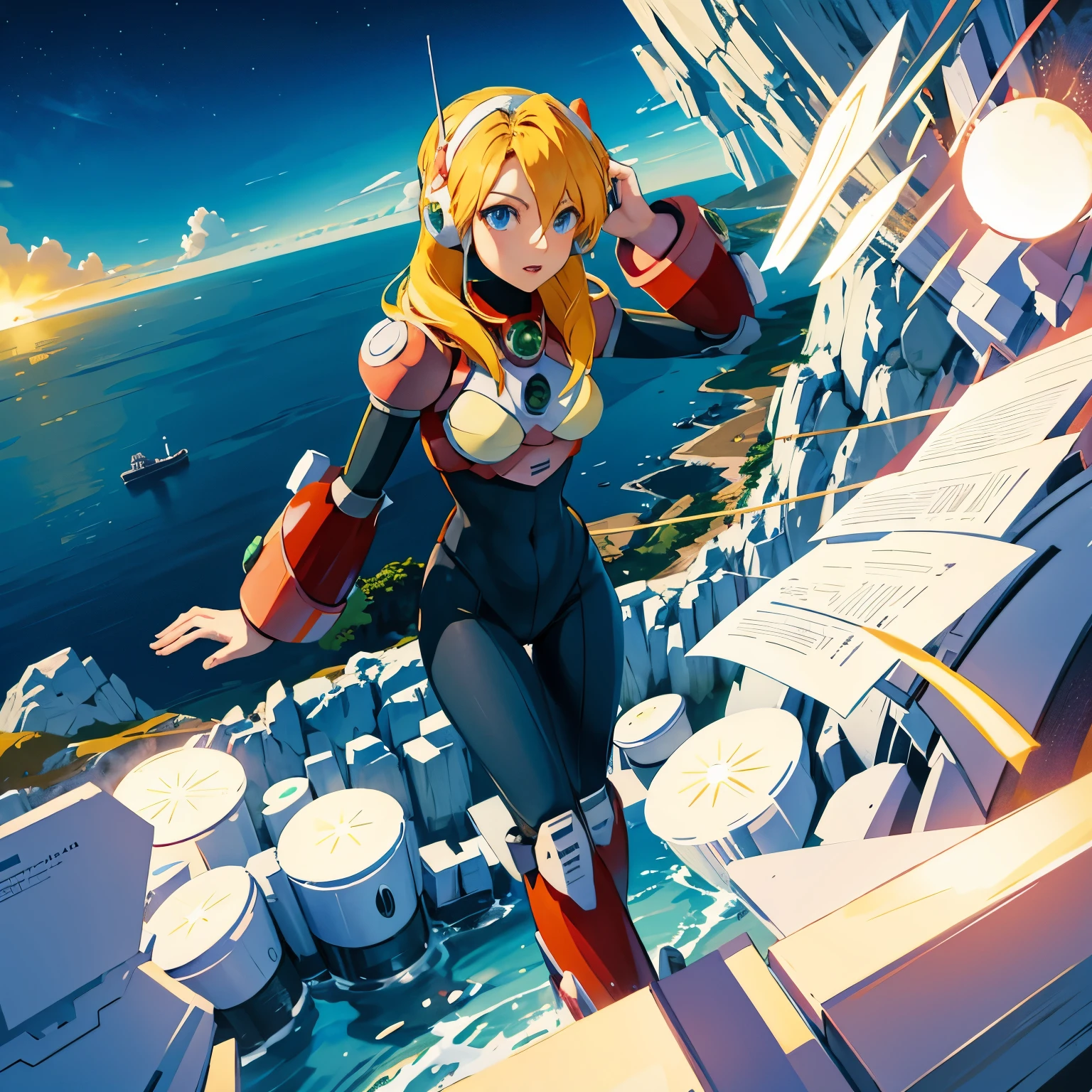 alia_megamanx, 1girl, solo, breasts, blue eyes, blonde hair, android, long hair, robot ears, overlooking the ocean on the edge of a rock, in the style of avian-themed, realistic yet stylized, villagecore, azure, orange and azure, dragoncore, aerial view