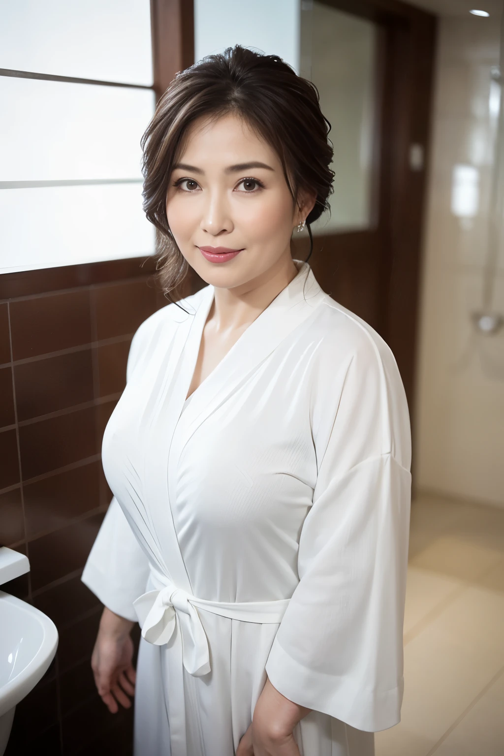 最high quality, 8k,  lively, sharp focus, high quality, High resolution, middle-aged women, mature woman, 45 years old, (Full body Esbian), (Detailed face wearing high heels, highly detailed eyes, thick lips, Plump body shape、Plump face、big breasts、big ass、In bathrobe、Fluttering figure、View of the shower room、random hairstyles、