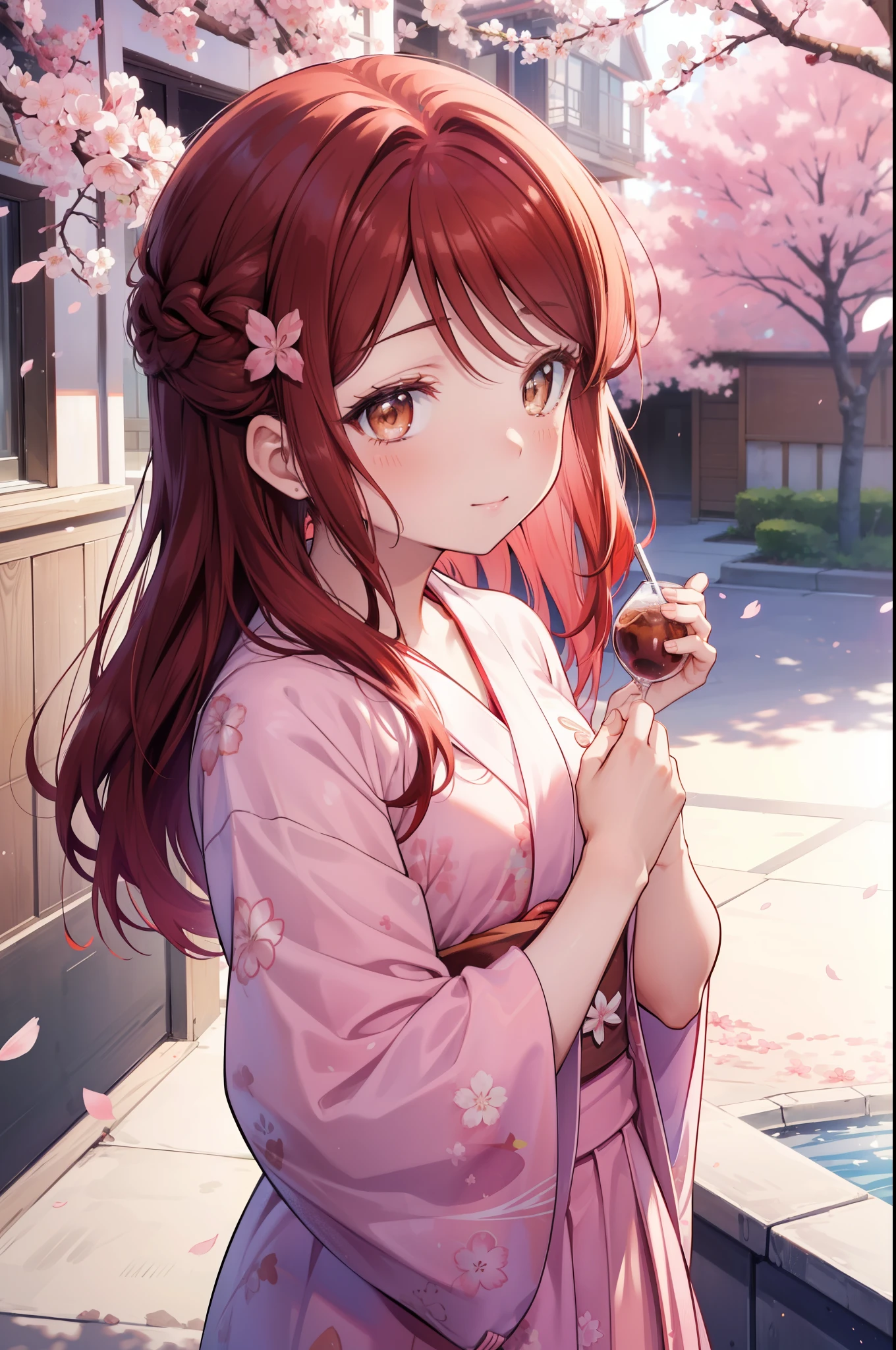 rikosakurauchi, riko sakurauchi, (brown eyes:1.5), hair between eyes, long hair, (redhead:1.5), (small breasts:1.2), smile,cherry blossom hair ornament,short braided hair,pink floral yukata,Zori sandals,I&#39;ll turn around,Cherry blossoms are scattered,pink landscape,
壊す looking at viewer, 
rest outdoors, destroy the cherry blossom treeasterpiece:1.2), highest quality, High resolution, unity 8k wallpaper, (shape:0.8), (fine and beautiful eyes:1.6), highly detailed face, perfect lighting, Very detailed CG, (perfect hands, perfect anatomy),