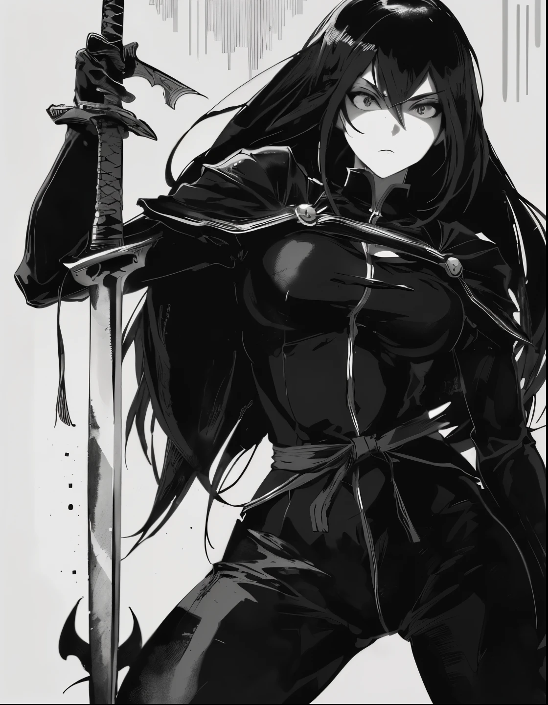 anime girl in black outfit holding a sword and a sword, holding a sword on her shoulder, she is holding a katana sword, she is holding a sword, by Jin Homura, with large sword, inspired by Jin Homura, portrait ninja gaiden girl, long sword in her hand, katana, portrait of a female anime hero, demon slayer rui fanart, mulher sexy, peitos grandes, decote no peito, manga preto e branco