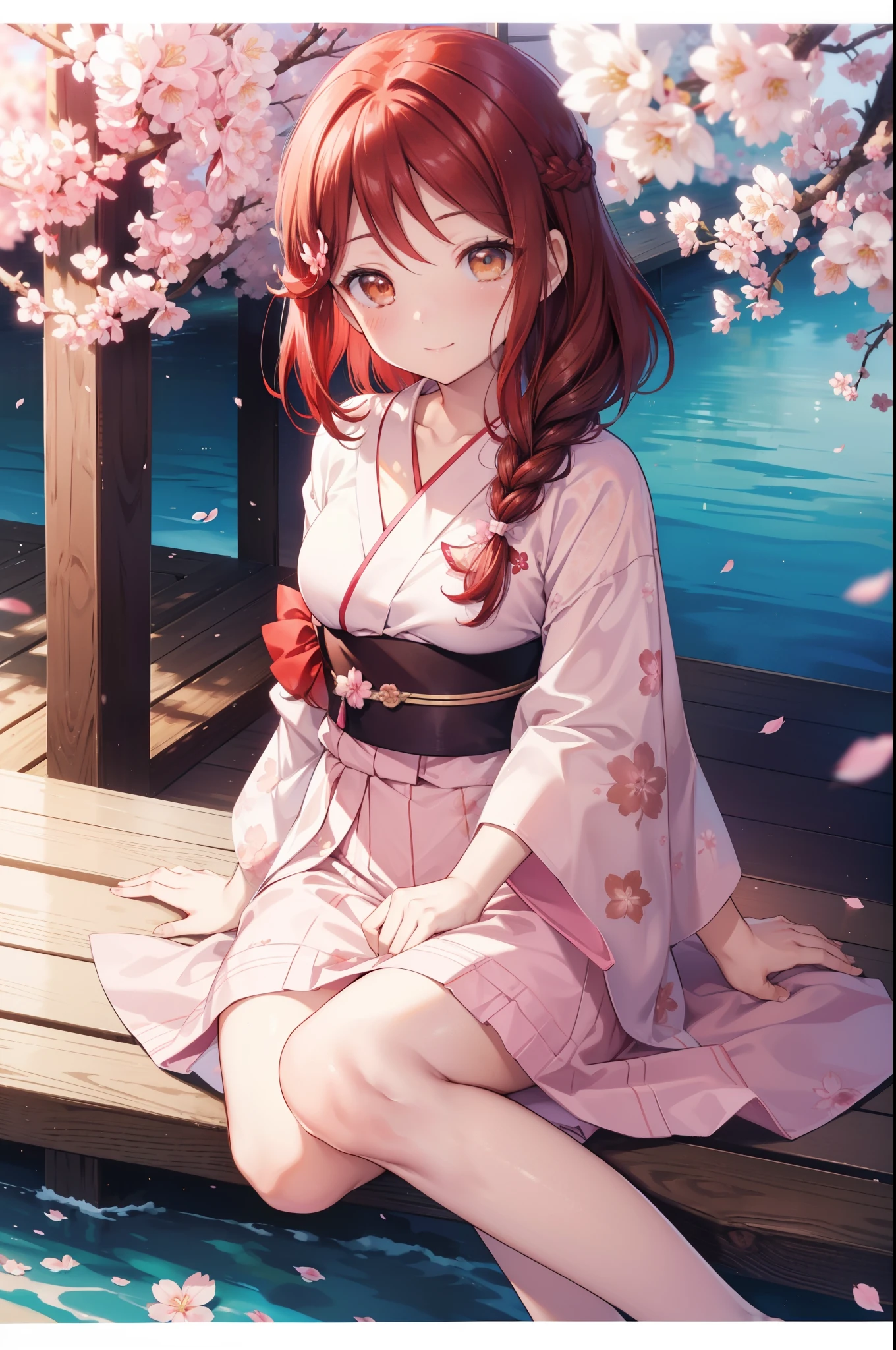 rikosakurauchi, riko sakurauchi, (brown eyes:1.5), hair between eyes, long hair, (redhead:1.5), (small breasts:1.2), smile,cherry blossom hair ornament,short braided hair,pink floral yukata,Zori sandals,I&#39;ll turn around,Cherry blossoms are scattered,pink landscape,
壊す looking at viewer, 
rest outdoors, destroy the cherry blossom treeasterpiece:1.2), highest quality, High resolution, unity 8k wallpaper, (shape:0.8), (fine and beautiful eyes:1.6), highly detailed face, perfect lighting, Very detailed CG, (perfect hands, perfect anatomy),