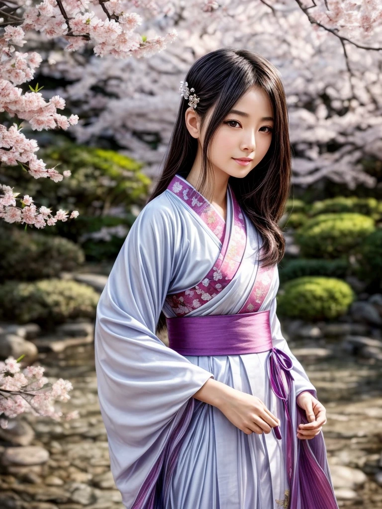 (best quality,ultra-detailed,realistic:1.37),vibrant colors,bokeh,soft lighting,Japanese art style,traditional kimono,Blossoms in the Wind,feminine beauty,flowing hair,pink petals,serene expression,magical atmosphere,ethereal,delicate details,subtle shadows,cherry blossom season,tranquil garden,traditional Japanese garden,peaceful background,graceful posture,sakura petals falling,sublime beauty,gentle breeze,captivating gaze,sublime beauty,serene eyes,tranquil portrait,harmonious composition,breathtaking scene,springtime dreamscape,whimsical atmosphere,natural beauty,painting-like quality,lens flare,majestic tree,graceful branches,peaceful mood,poetic vision,serene beauty,calmness and tranquility,harmony of nature,sakura viewing,traditional charm,cultural significance,serendipitous encounter,dreamlike moment,sublime elegance