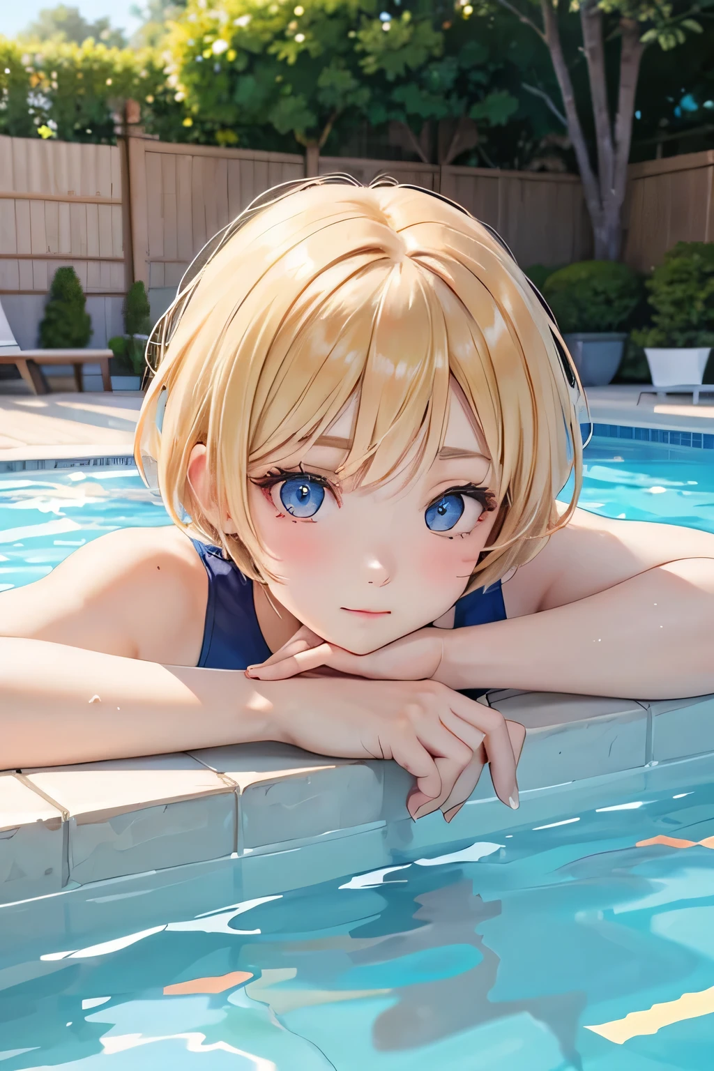 close up of face、blonde、short hair、girl１、pool、school swimwear、swim